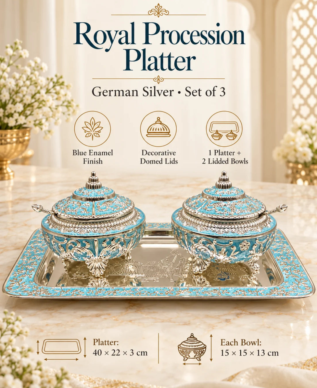 German Silver Royal Procession Platter (Set of 3) – Sky Blue Enamel Rectangular Tray with 2 Lidded Gumbad Bowls
