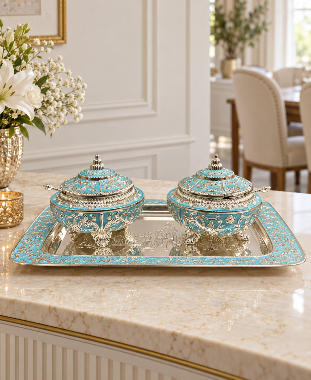 German Silver Royal Procession Platter (Set of 3) – Sky Blue Enamel Rectangular Tray with 2 Lidded Gumbad Bowls