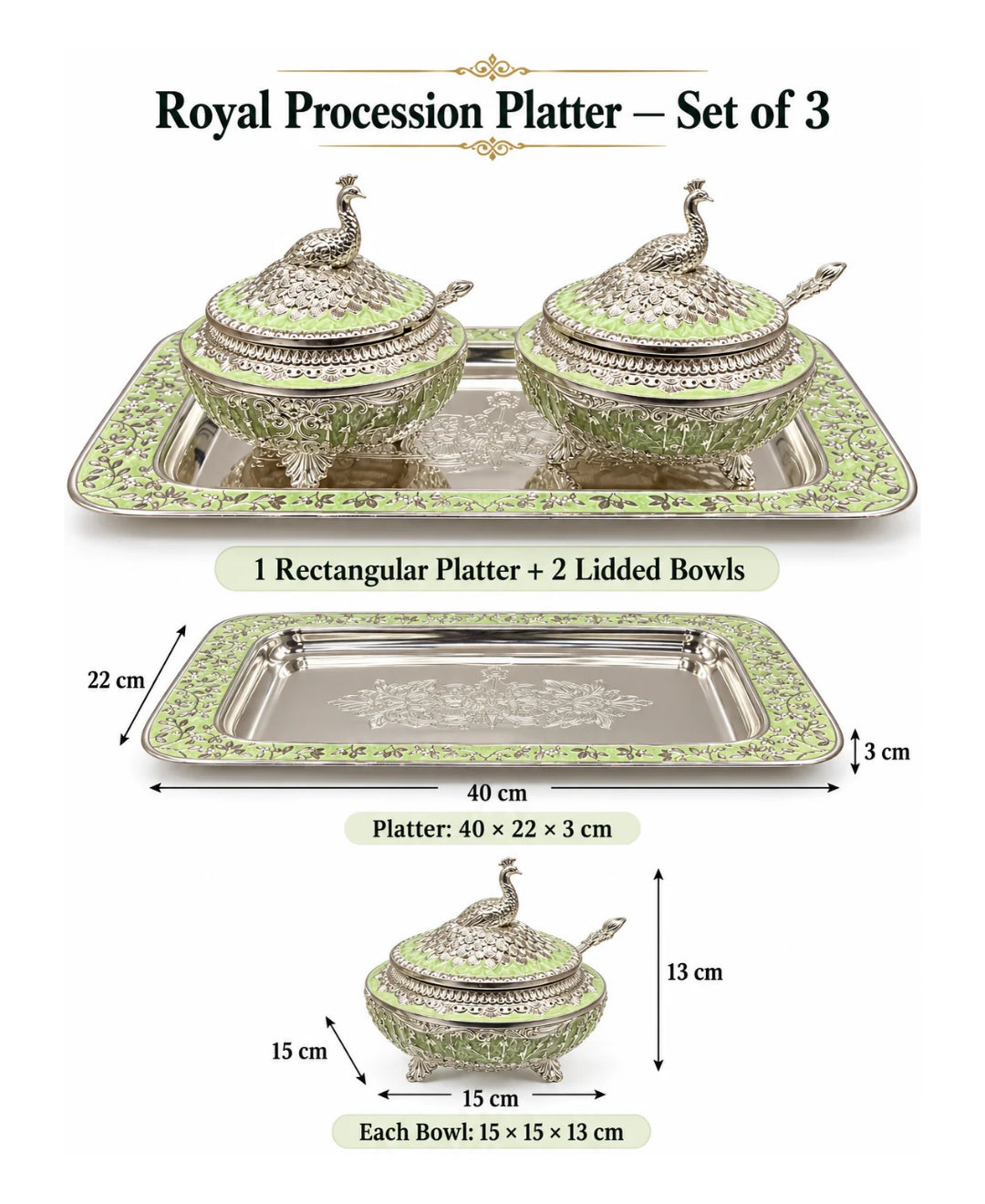 German Silver Royal Procession Platter (Set of 3) –Mint Green Enamel Rectangular Tray with 2 Lidded Gumbad Bowls