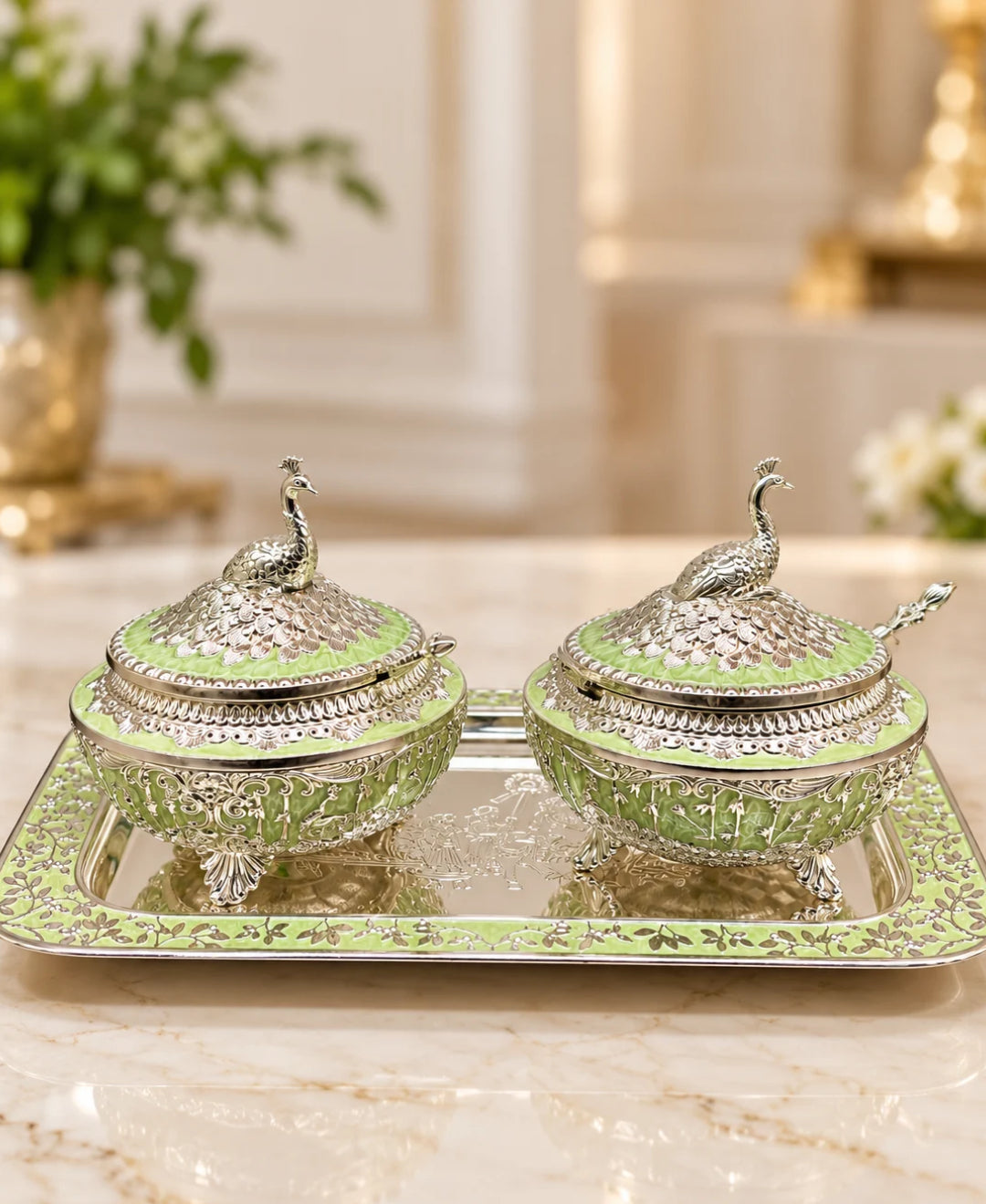 German Silver Royal Procession Platter (Set of 3) –Mint Green Enamel Rectangular Tray with 2 Lidded Gumbad Bowls
