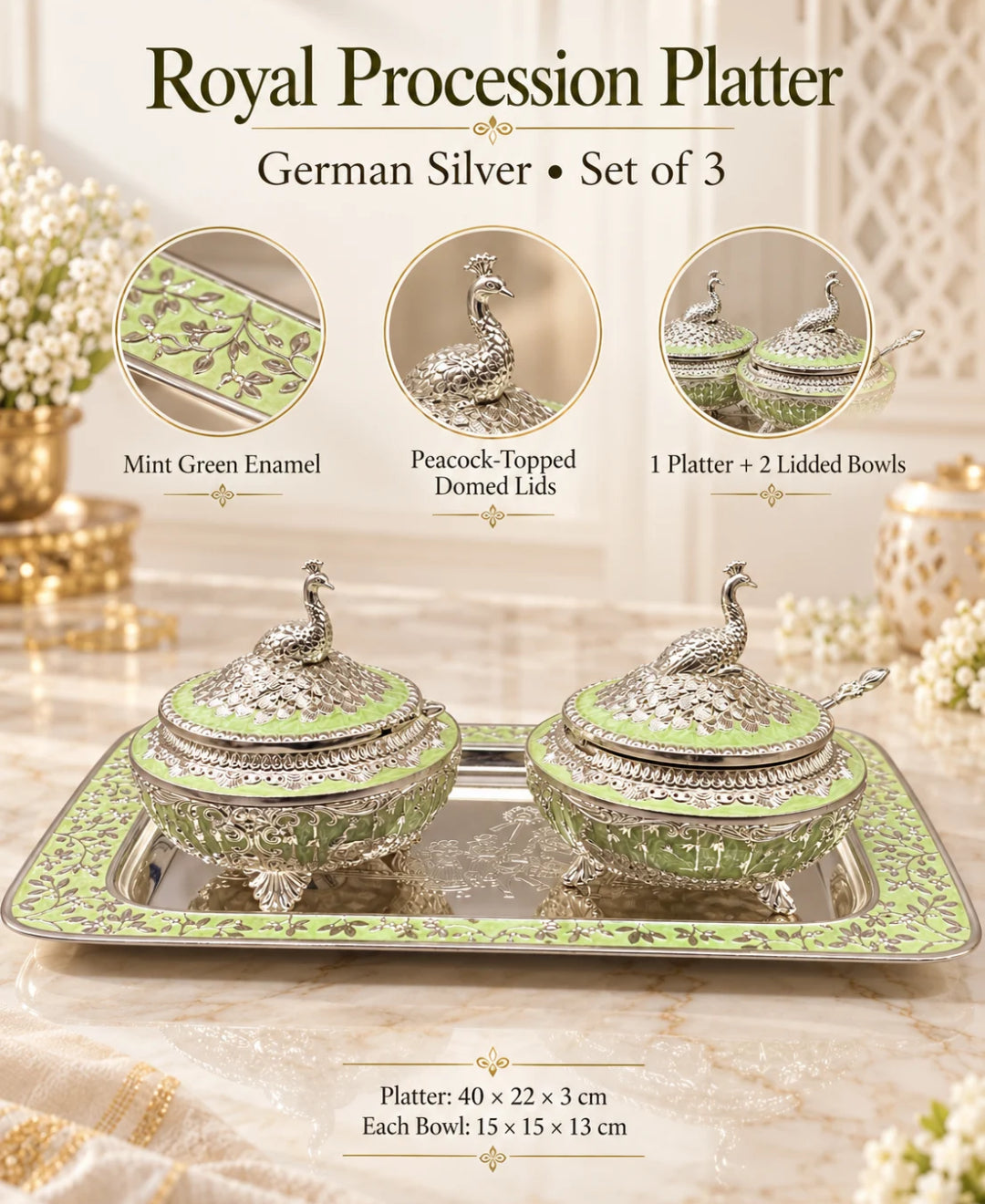 German Silver Royal Procession Platter (Set of 3) –Mint Green Enamel Rectangular Tray with 2 Lidded Gumbad Bowls