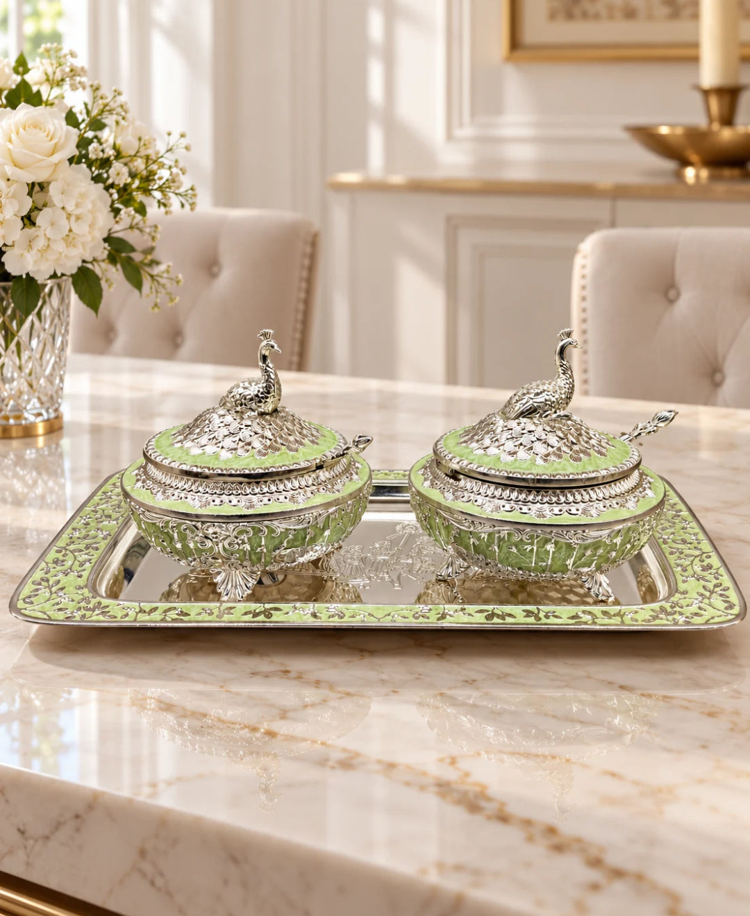 German Silver Royal Procession Platter (Set of 3) –Mint Green Enamel Rectangular Tray with 2 Lidded Gumbad Bowls