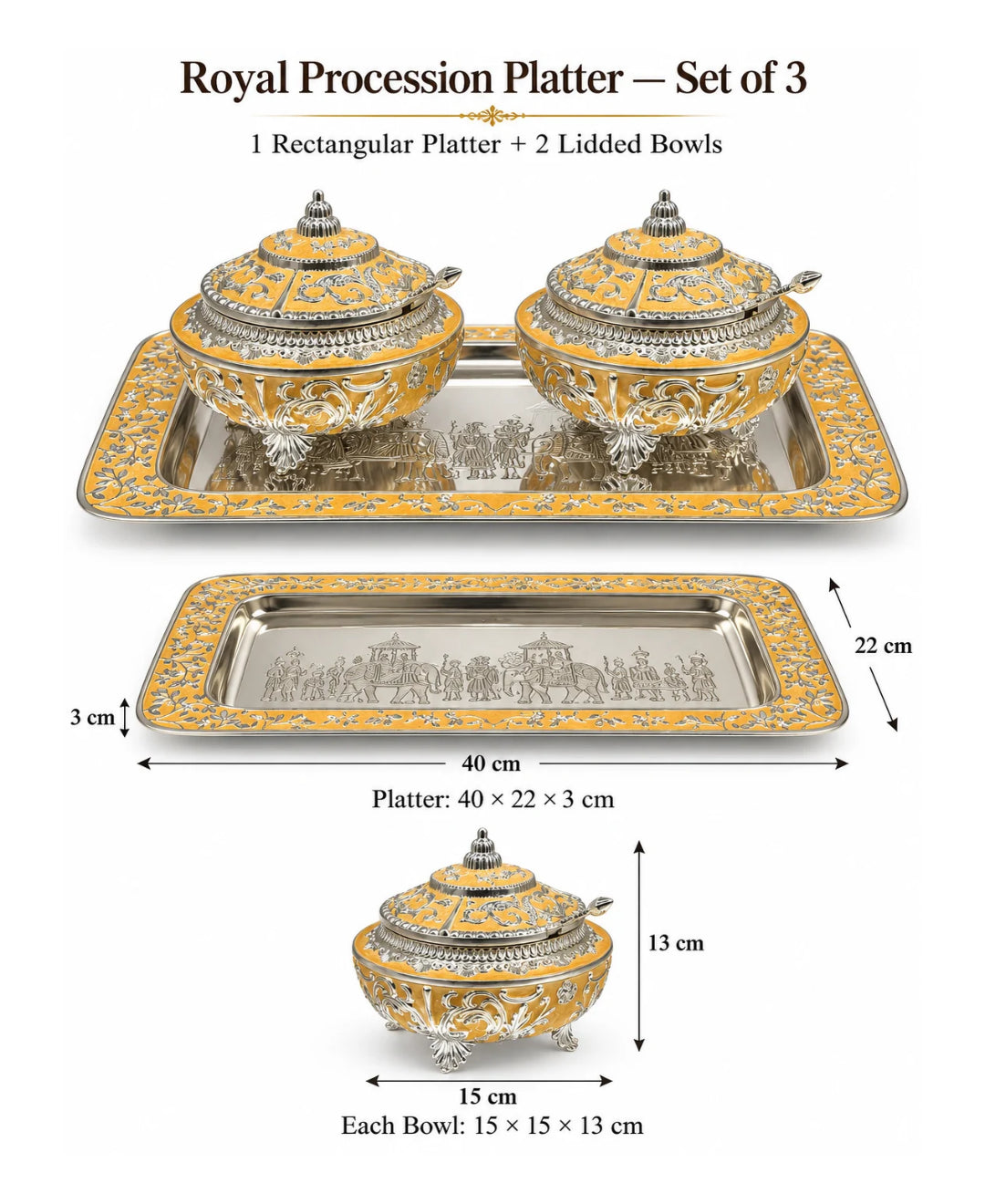 German Silver Royal Procession Platter (Set of 3) –Saffron Orange Enamel Rectangular Tray with 2 Lidded Gumbad Bowls