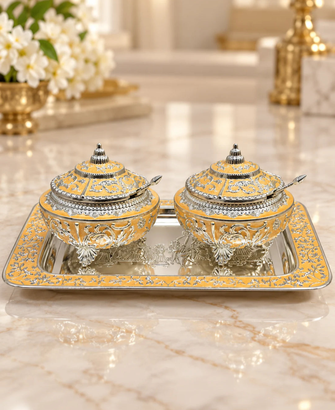 German Silver Royal Procession Platter (Set of 3) –Saffron Orange Enamel Rectangular Tray with 2 Lidded Gumbad Bowls