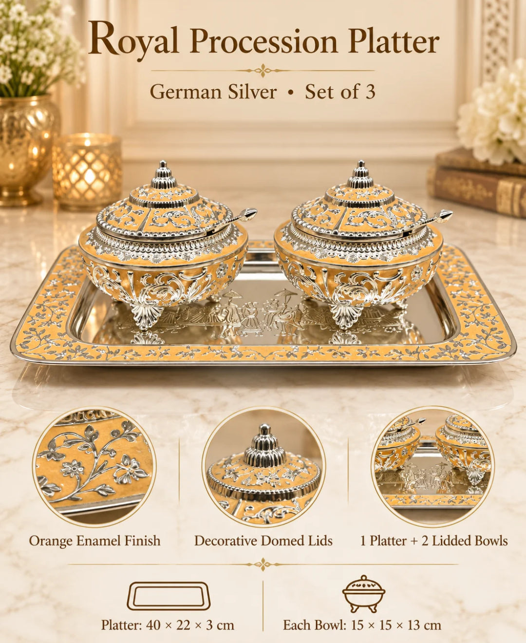 German Silver Royal Procession Platter (Set of 3) –Saffron Orange Enamel Rectangular Tray with 2 Lidded Gumbad Bowls
