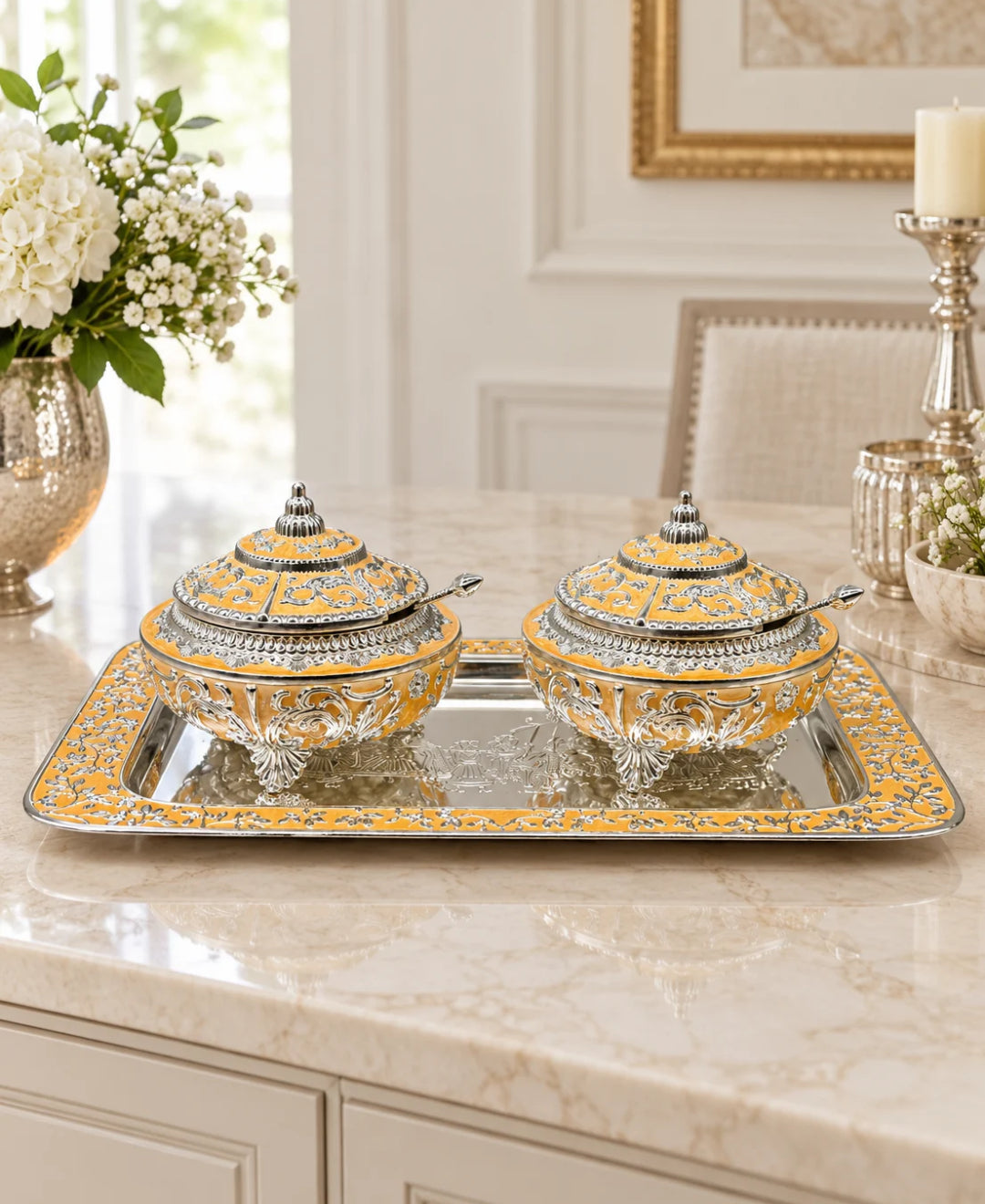 German Silver Royal Procession Platter (Set of 3) –Saffron Orange Enamel Rectangular Tray with 2 Lidded Gumbad Bowls