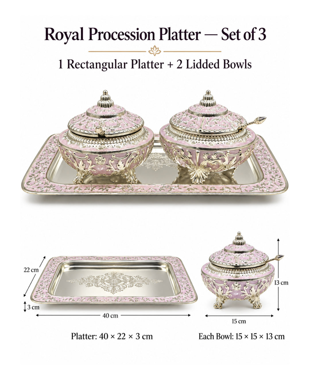 German Silver Royal Procession Platter (Set of 3) – Lilac Pink Enamel Rectangular Tray with 2 Lidded Gumbad Bowls