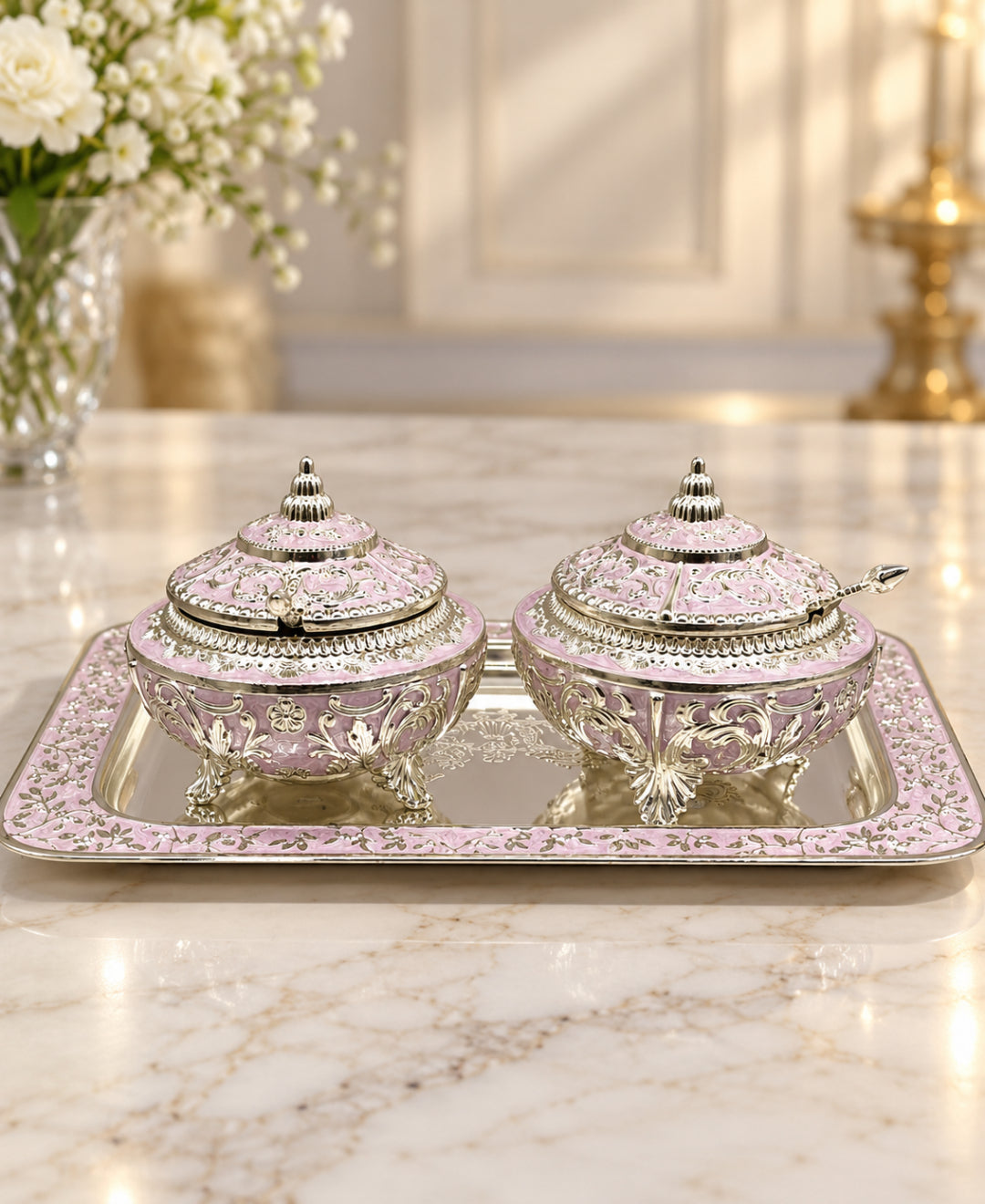 German Silver Royal Procession Platter (Set of 3) – Lilac Pink Enamel Rectangular Tray with 2 Lidded Gumbad Bowls
