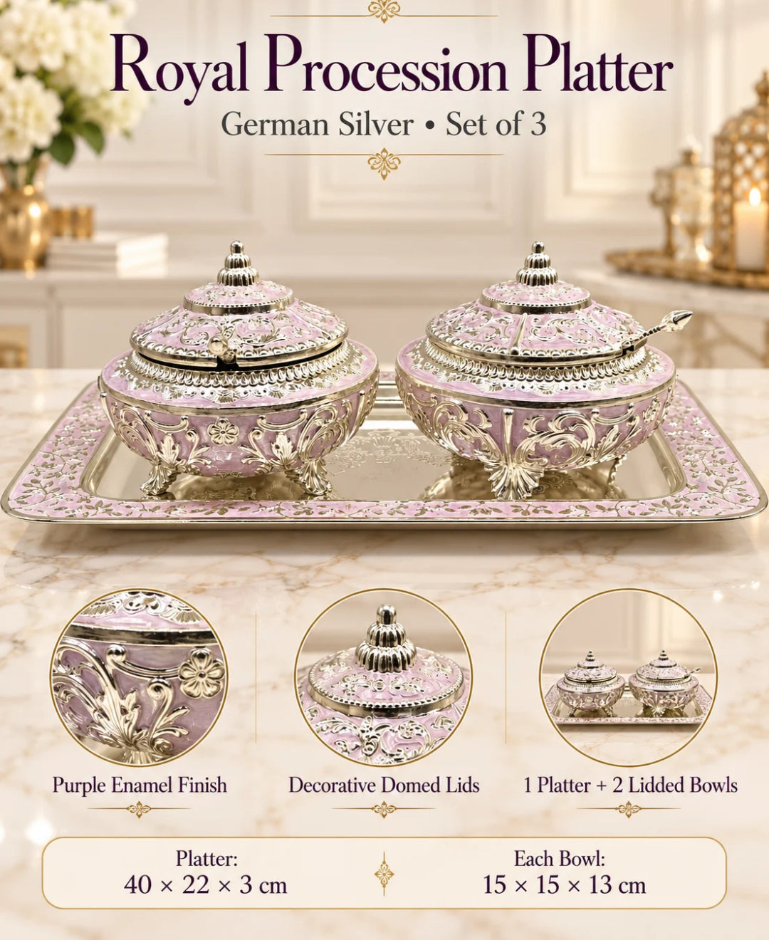 German Silver Royal Procession Platter (Set of 3) – Lilac Pink Enamel Rectangular Tray with 2 Lidded Gumbad Bowls