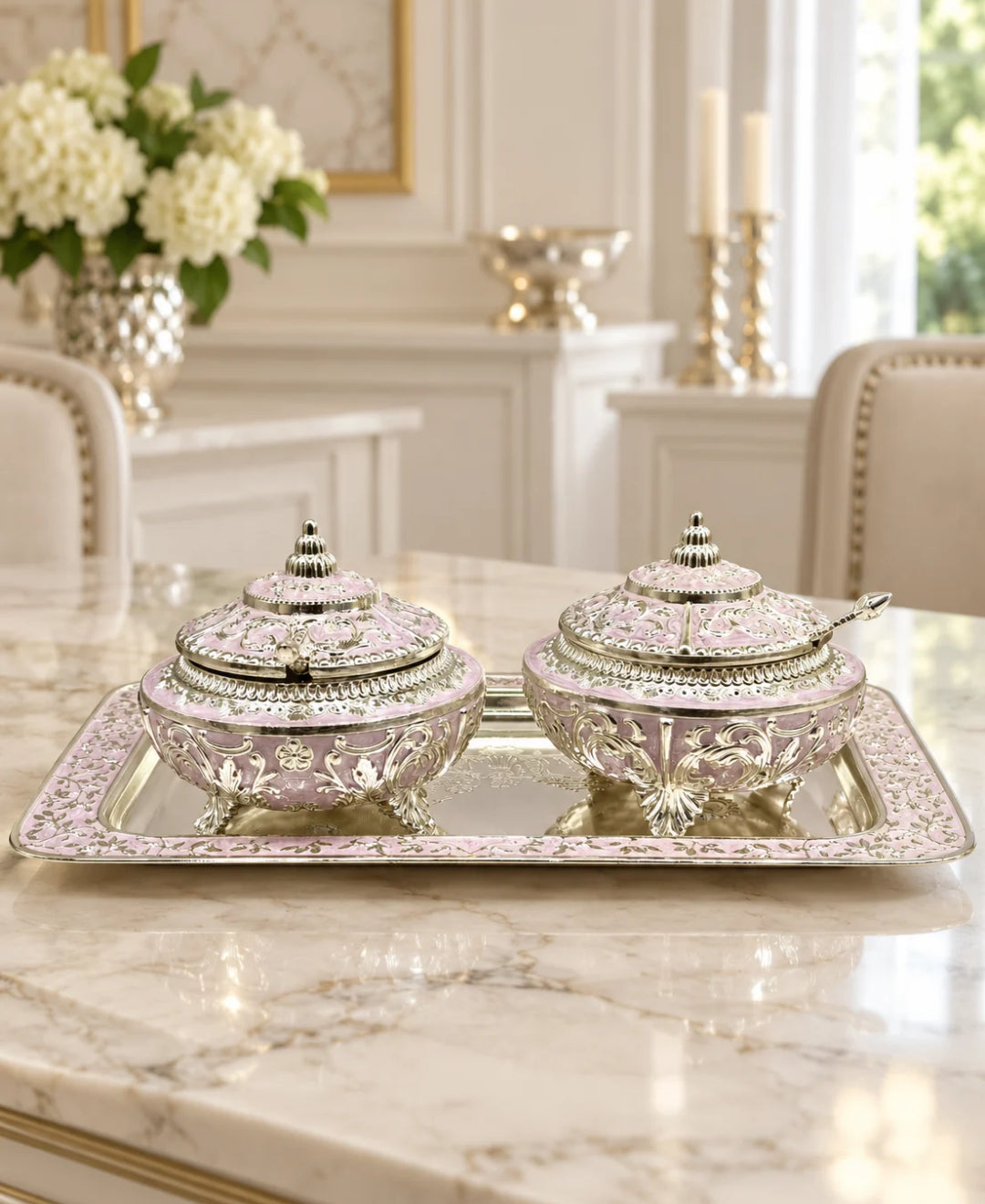 German Silver Royal Procession Platter (Set of 3) – Lilac Pink Enamel Rectangular Tray with 2 Lidded Gumbad Bowls