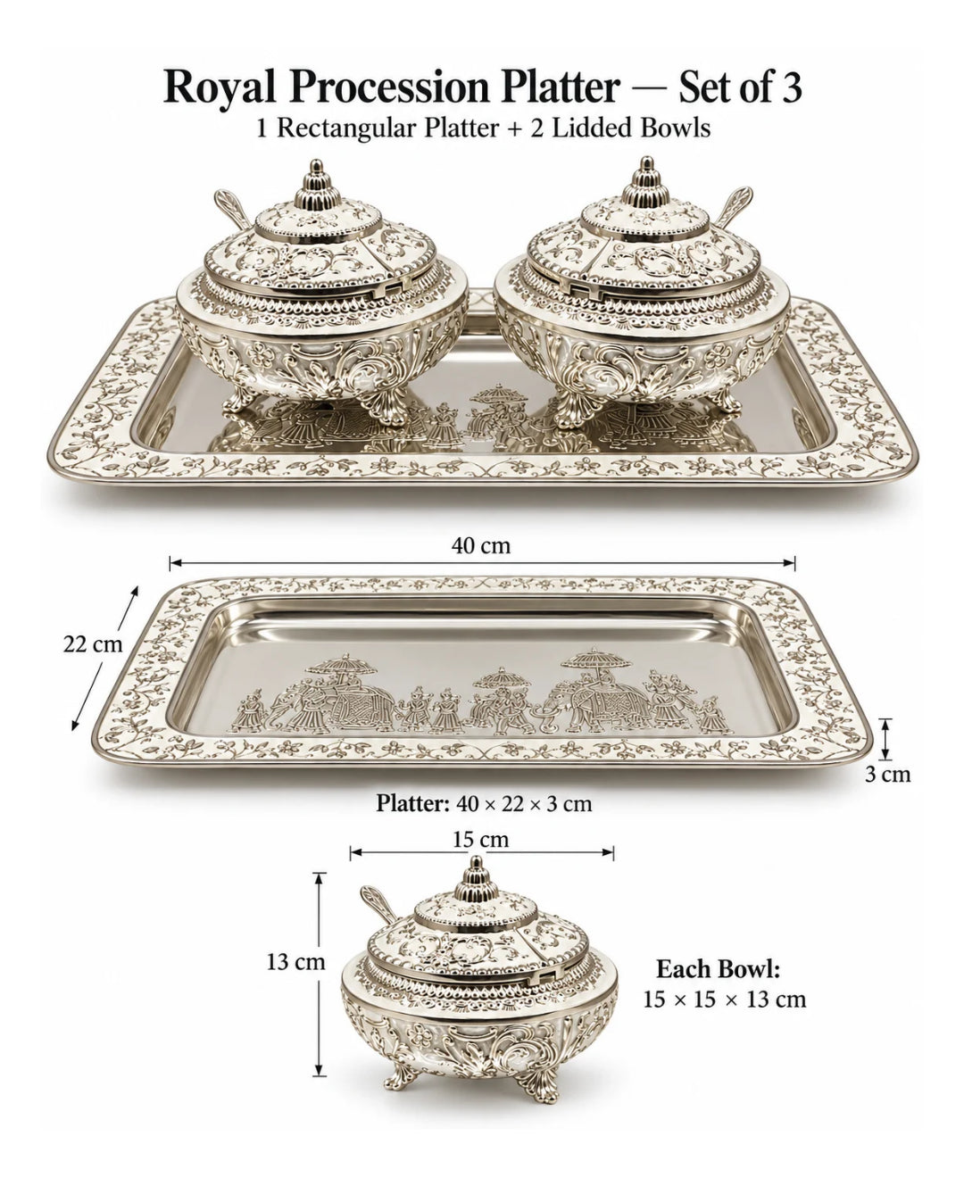 German Silver Royal Procession Platter (Set of 3) – Pearl White Enamel Rectangular Tray with 2 Lidded Gumbad Bowls