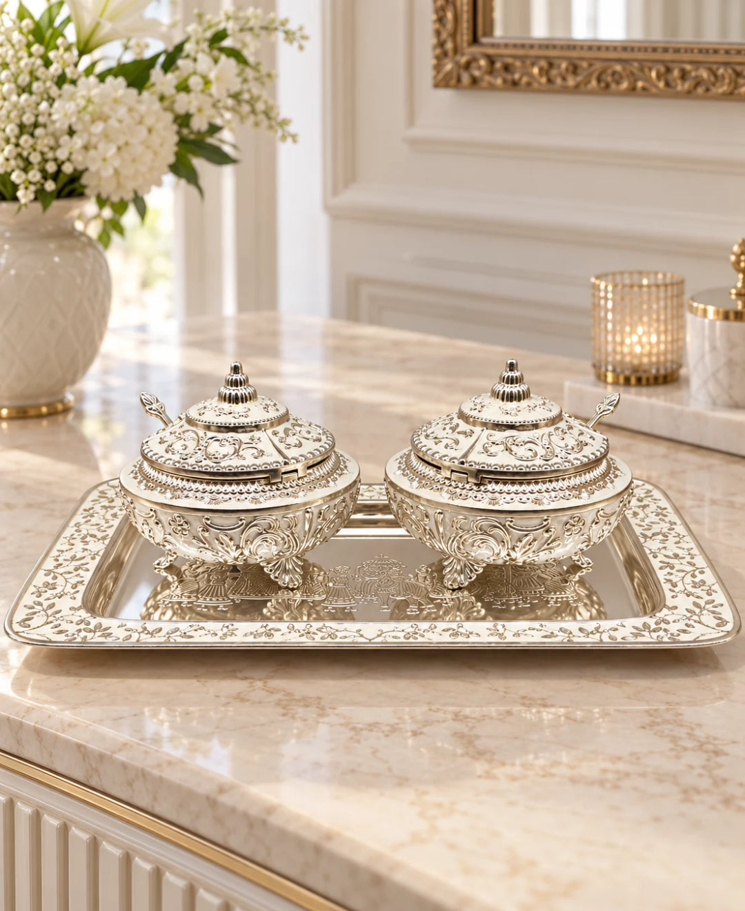 German Silver Royal Procession Platter (Set of 3) – Pearl White Enamel Rectangular Tray with 2 Lidded Gumbad Bowls