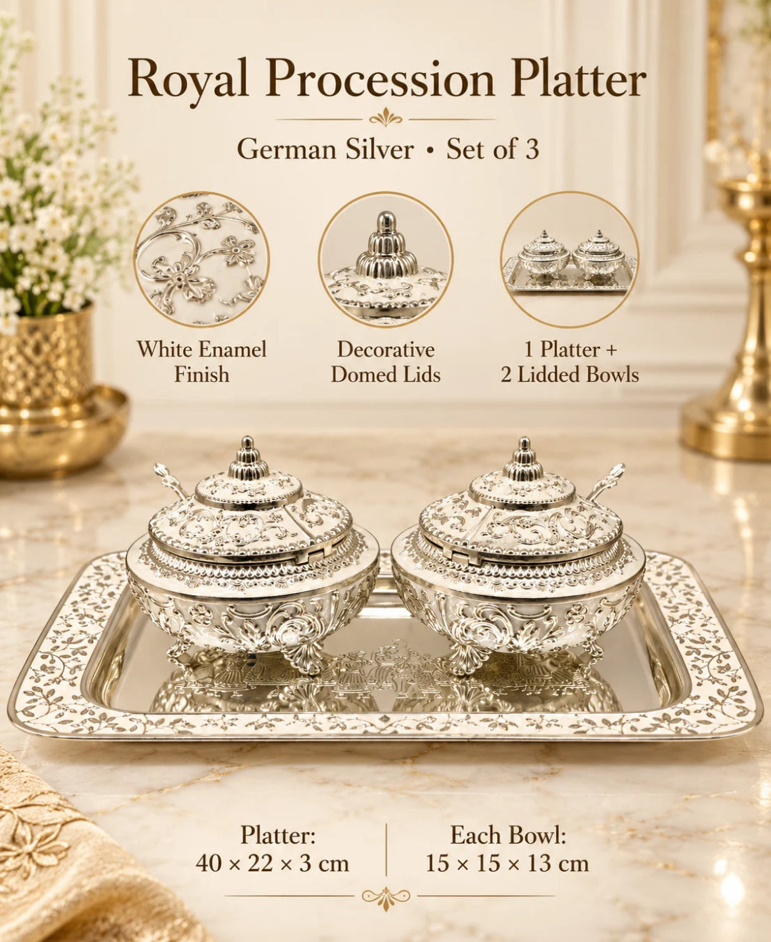 German Silver Royal Procession Platter (Set of 3) – Pearl White Enamel Rectangular Tray with 2 Lidded Gumbad Bowls