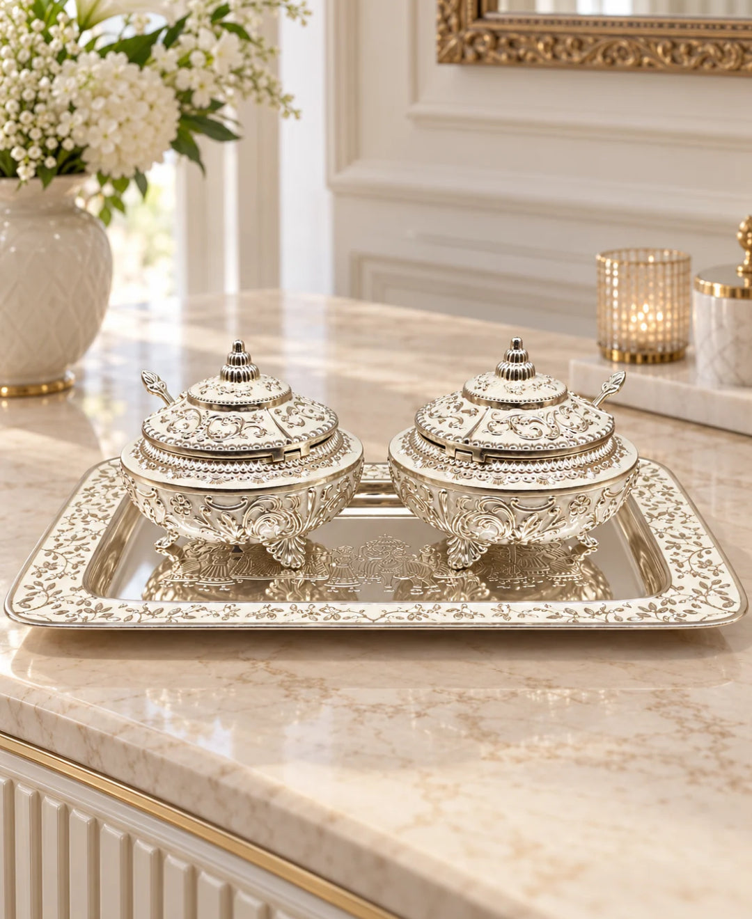 German Silver Royal Procession Platter (Set of 3) – Pearl White Enamel Rectangular Tray with 2 Lidded Gumbad Bowls