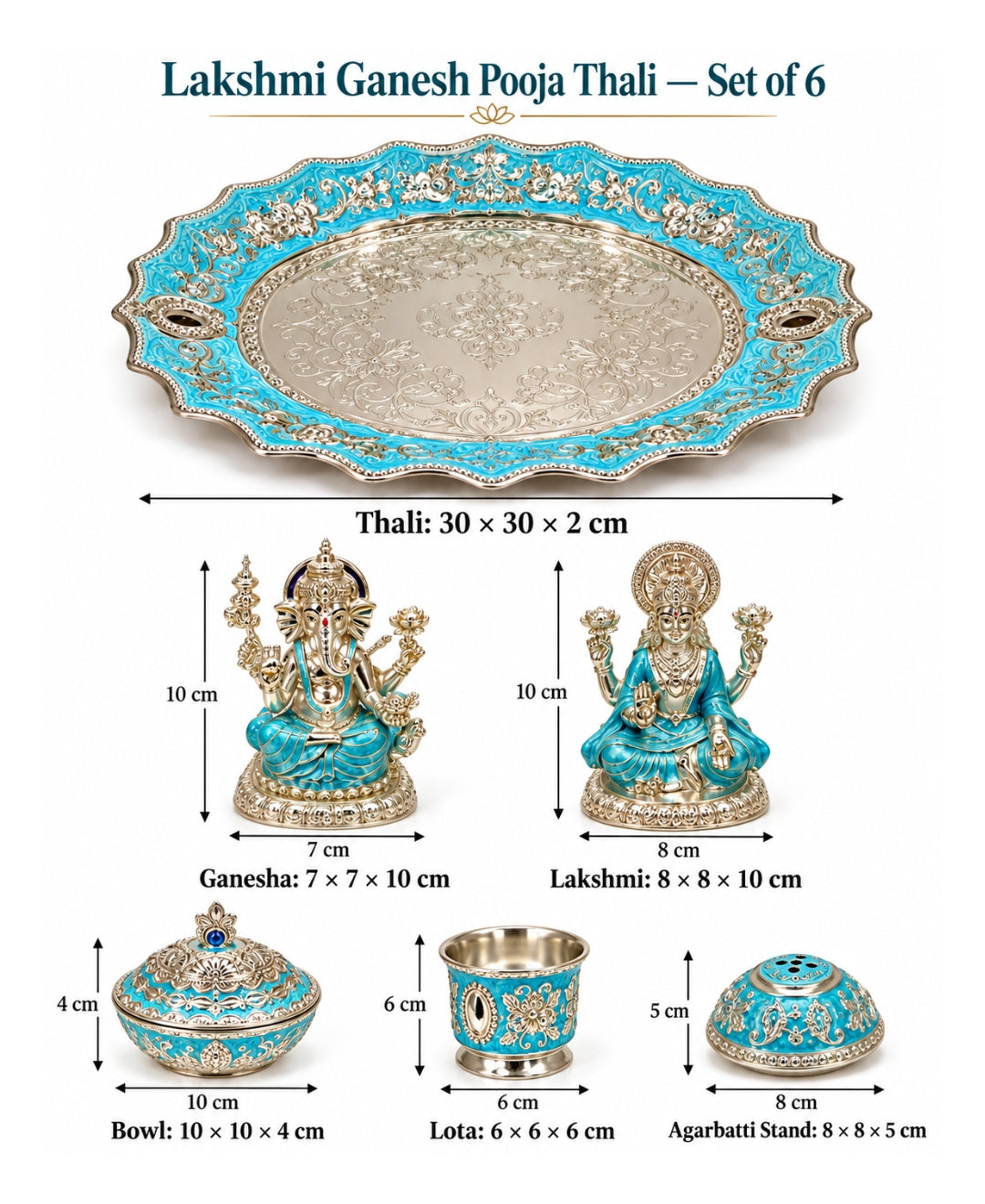 German Silver Lakshmi Ganesh Pooja Thali (Set of 6) – Turquoise Blue Enamel