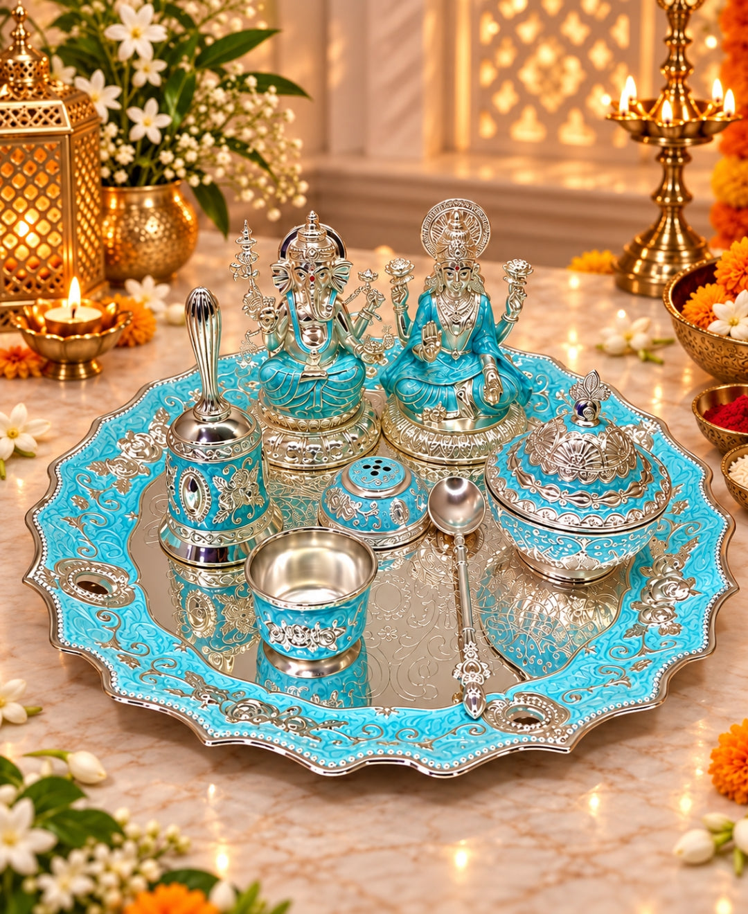 German Silver Lakshmi Ganesh Pooja Thali (Set of 6) – Turquoise Blue Enamel