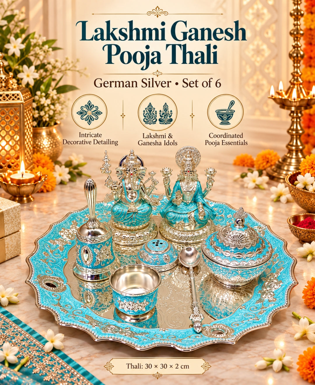 German Silver Lakshmi Ganesh Pooja Thali (Set of 6) – Turquoise Blue Enamel