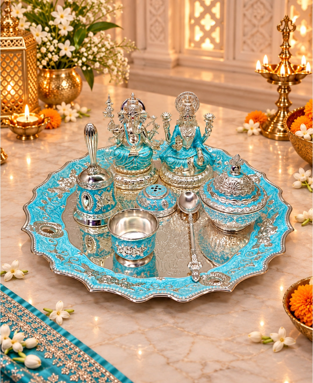 German Silver Lakshmi Ganesh Pooja Thali (Set of 6) – Turquoise Blue Enamel