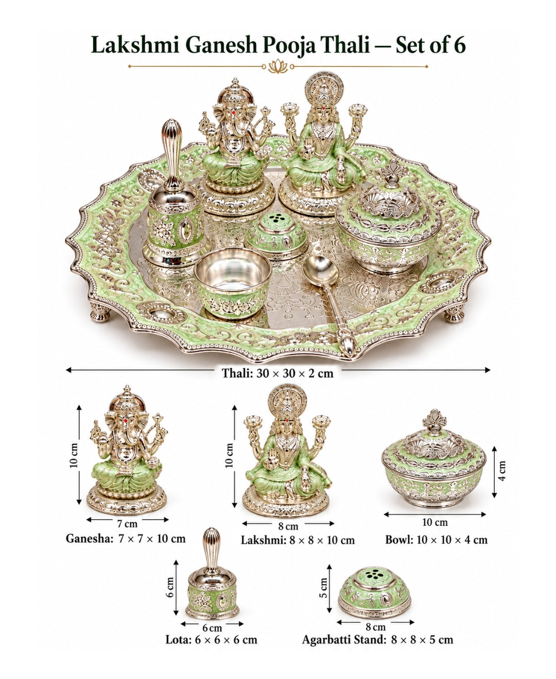 German Silver Lakshmi Ganesh Pooja Thali (Set of 6) – Mint Green Enamel