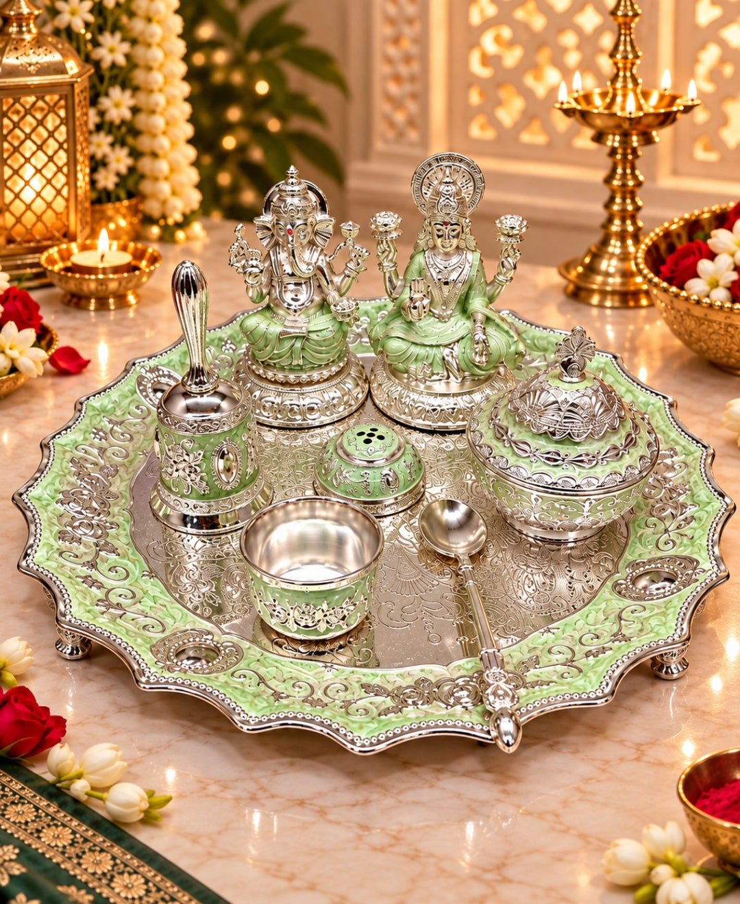 German Silver Lakshmi Ganesh Pooja Thali (Set of 6) – Mint Green Enamel