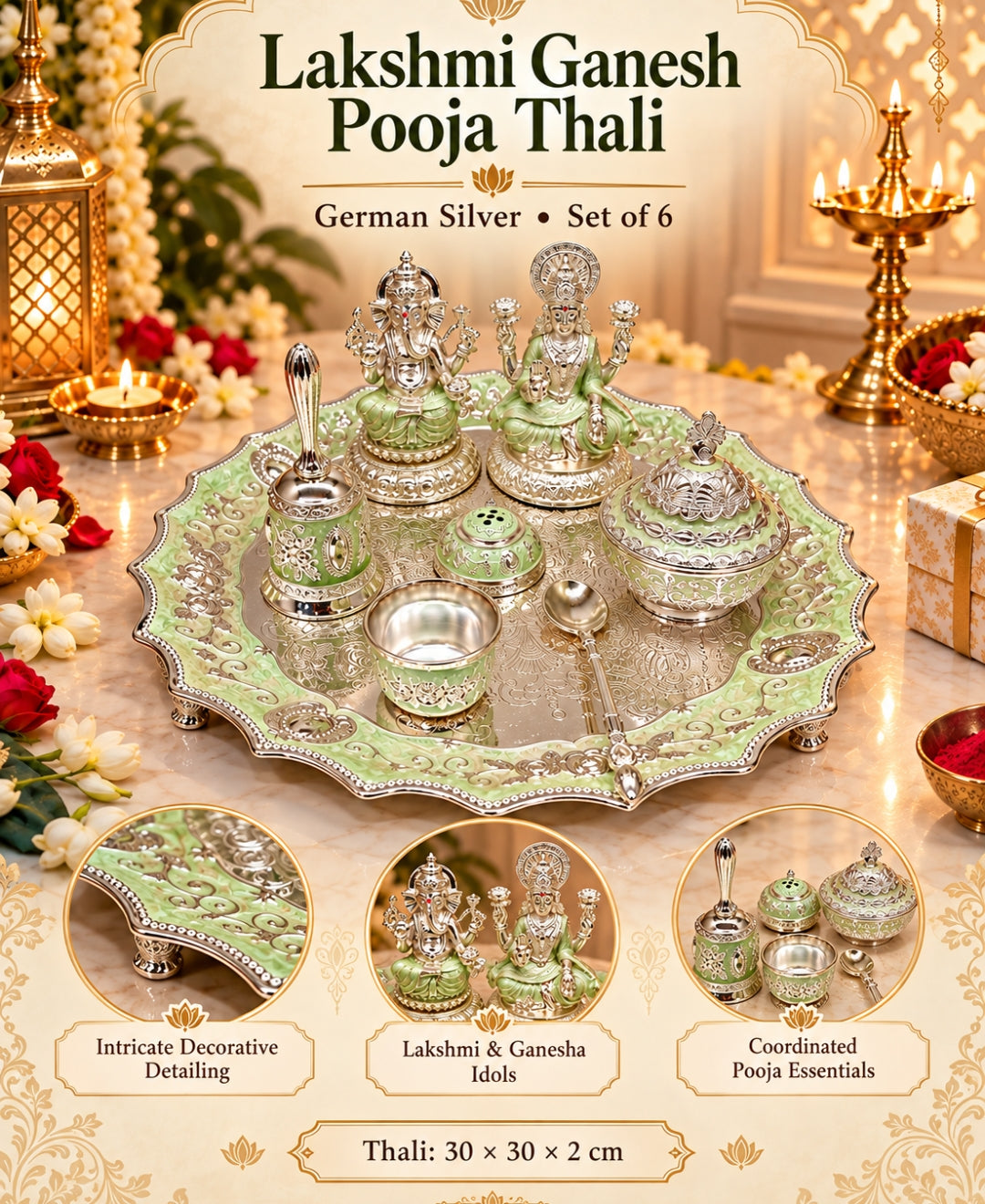 German Silver Lakshmi Ganesh Pooja Thali (Set of 6) – Mint Green Enamel