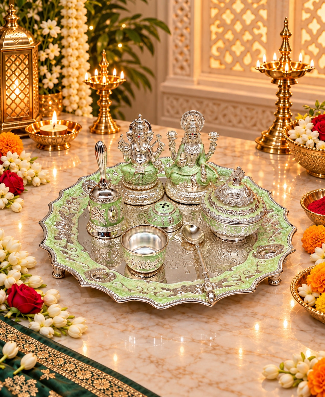 German Silver Lakshmi Ganesh Pooja Thali (Set of 6) – Mint Green Enamel
