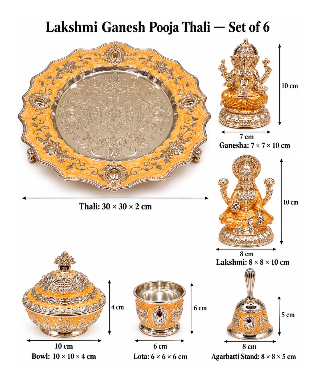 German Silver Lakshmi Ganesh Pooja Thali (Set of 6) – Saffron Orange Enamel