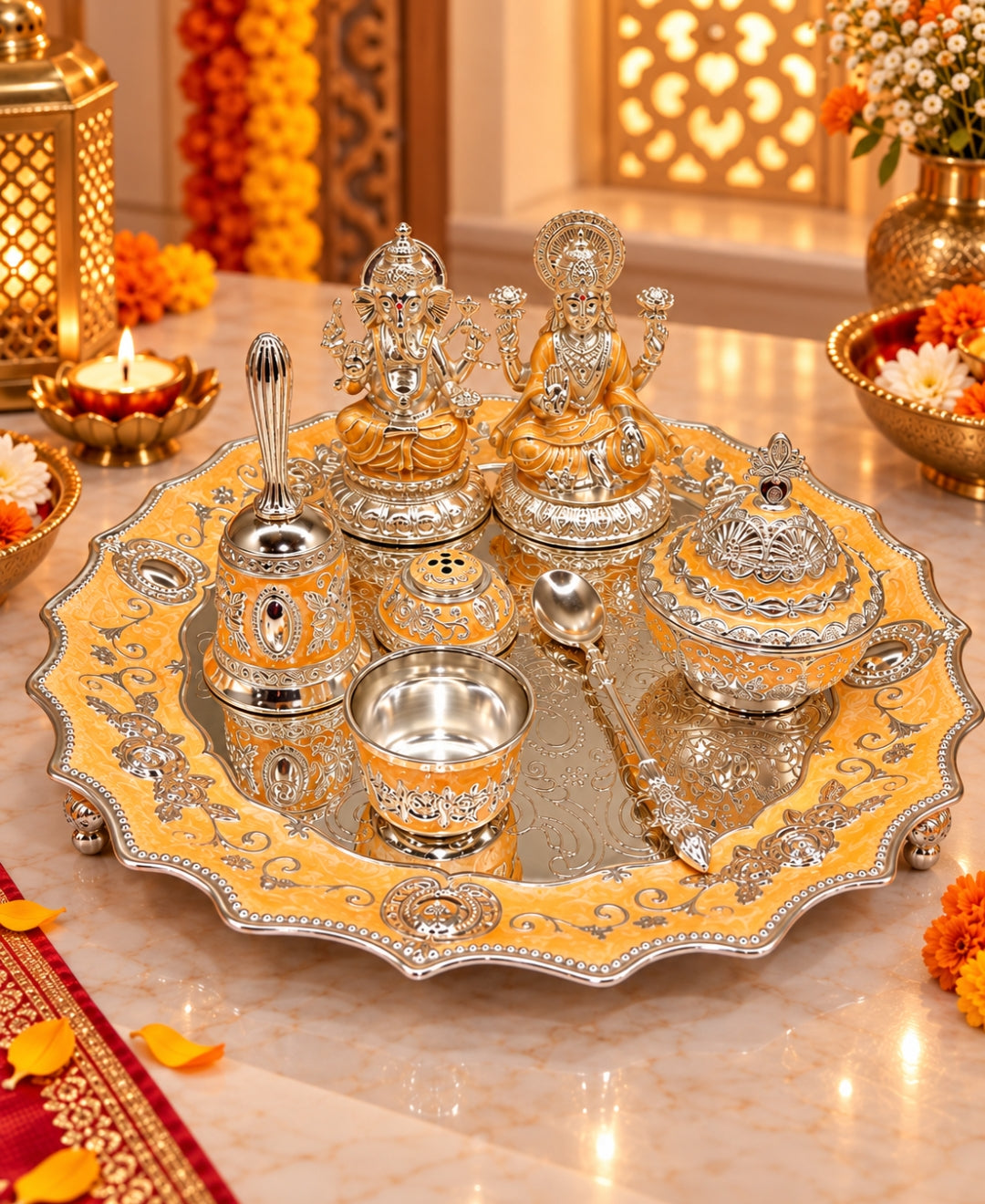 German Silver Lakshmi Ganesh Pooja Thali (Set of 6) – Saffron Orange Enamel