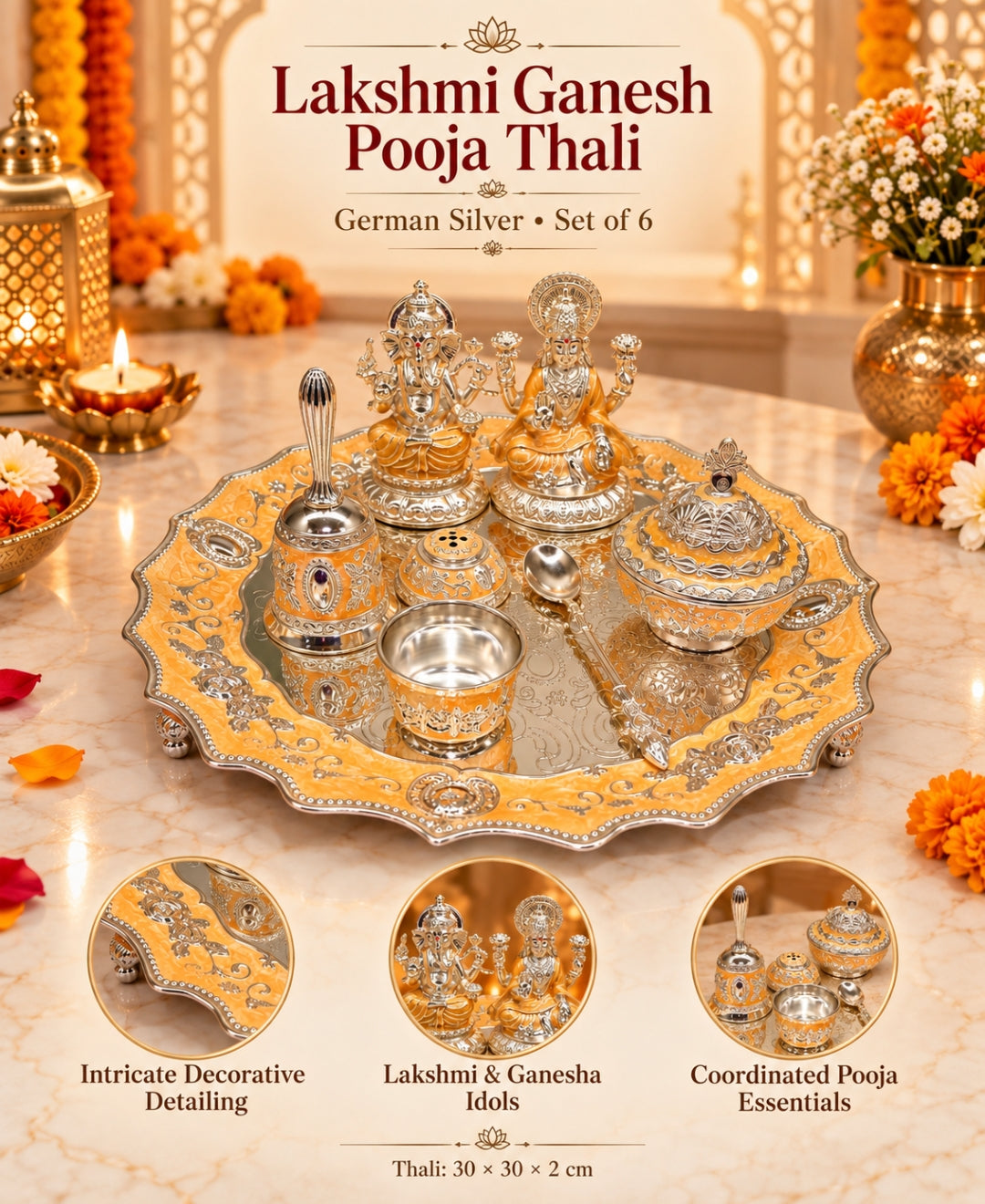 German Silver Lakshmi Ganesh Pooja Thali (Set of 6) – Saffron Orange Enamel