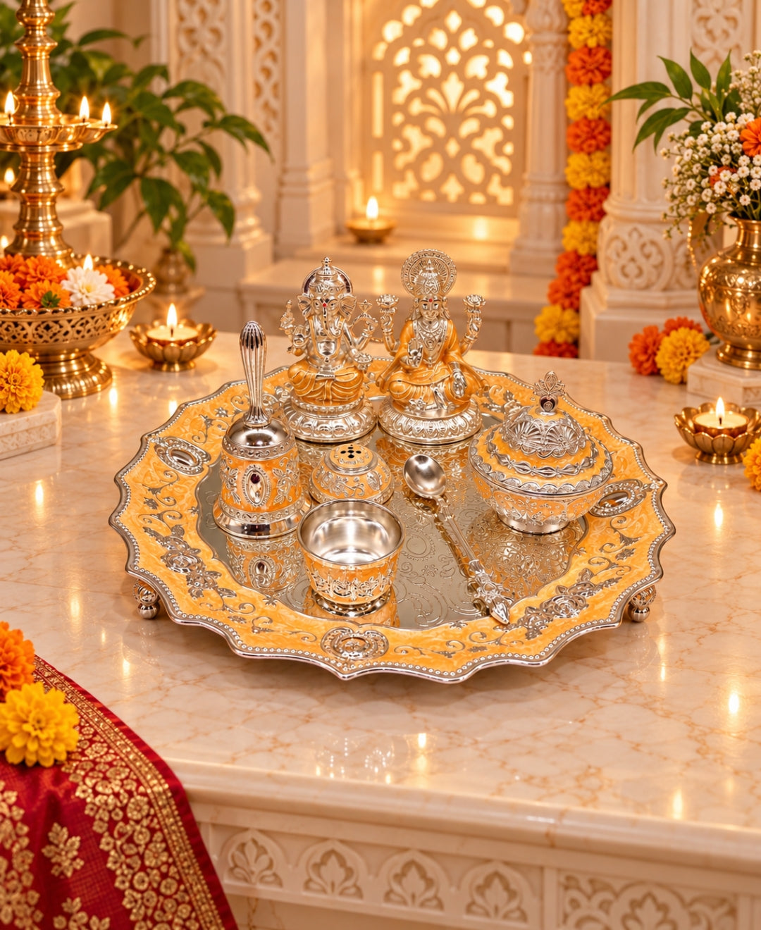 German Silver Lakshmi Ganesh Pooja Thali (Set of 6) – Saffron Orange Enamel