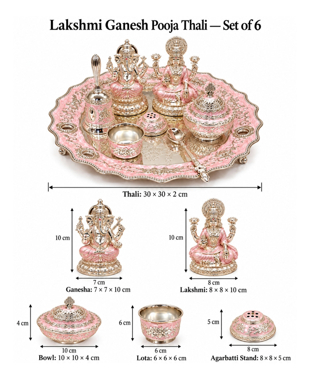 German Silver Lakshmi Ganesh Pooja Thali (Set of 6) – Lilac Pink Enamel