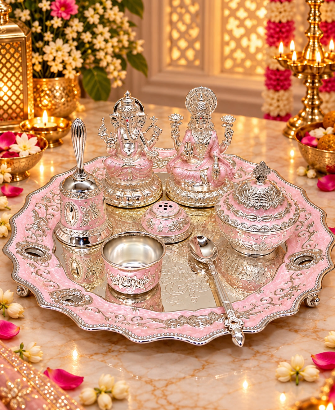 German Silver Lakshmi Ganesh Pooja Thali (Set of 6) – Lilac Pink Enamel