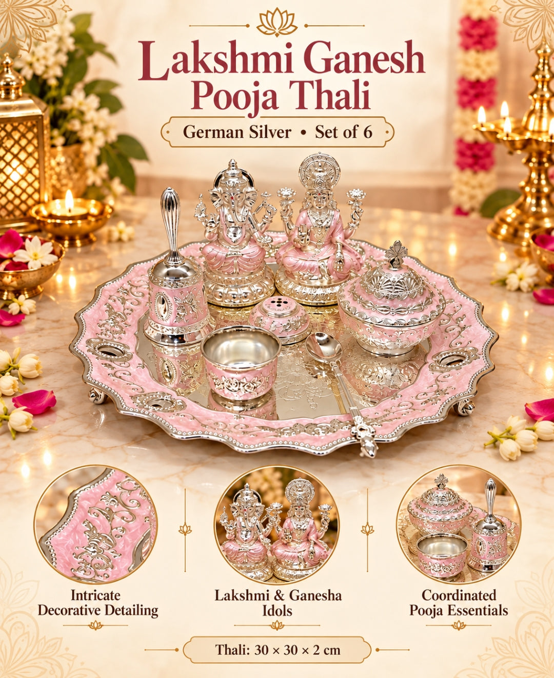 German Silver Lakshmi Ganesh Pooja Thali (Set of 6) – Lilac Pink Enamel