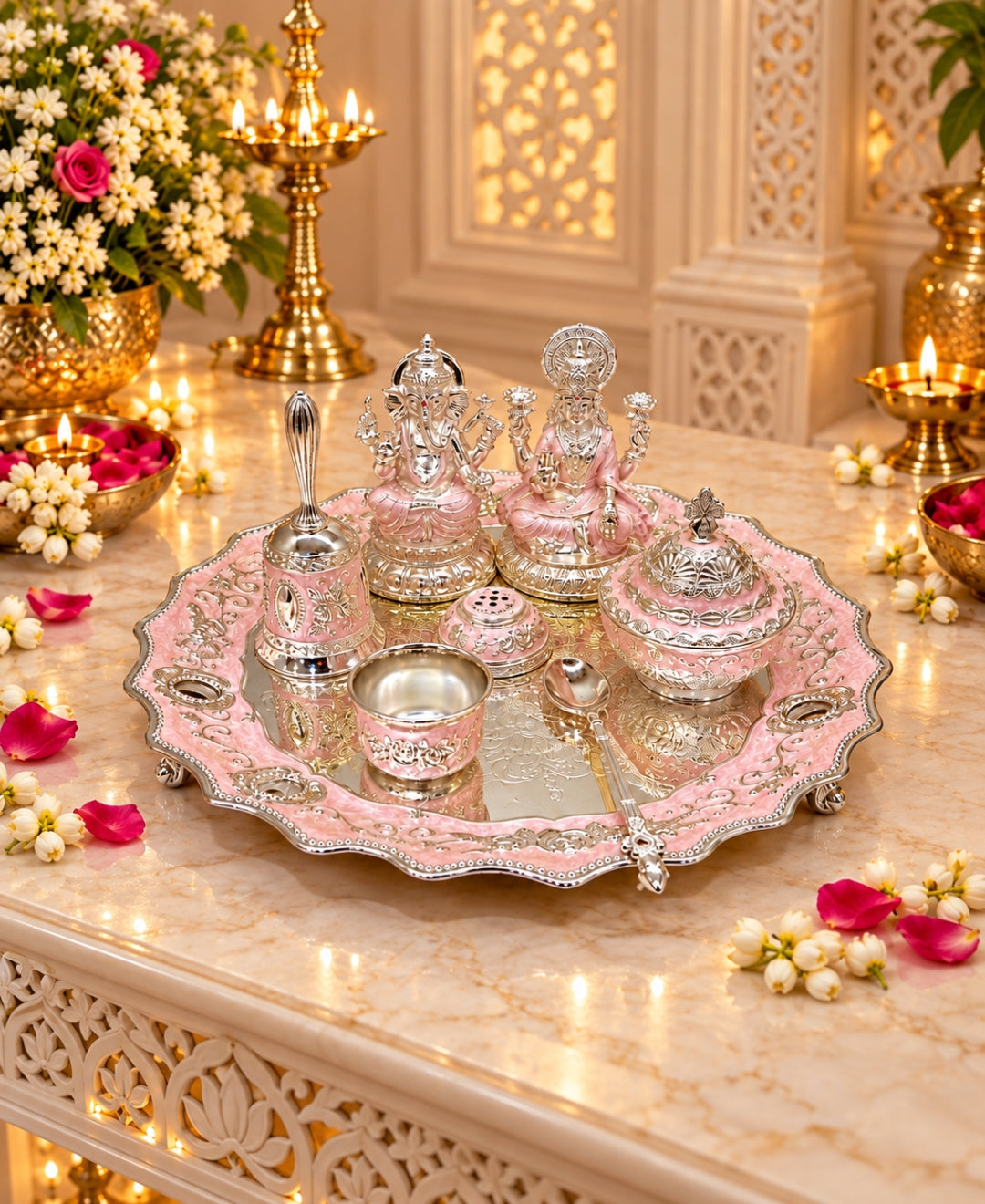 German Silver Lakshmi Ganesh Pooja Thali (Set of 6) – Lilac Pink Enamel