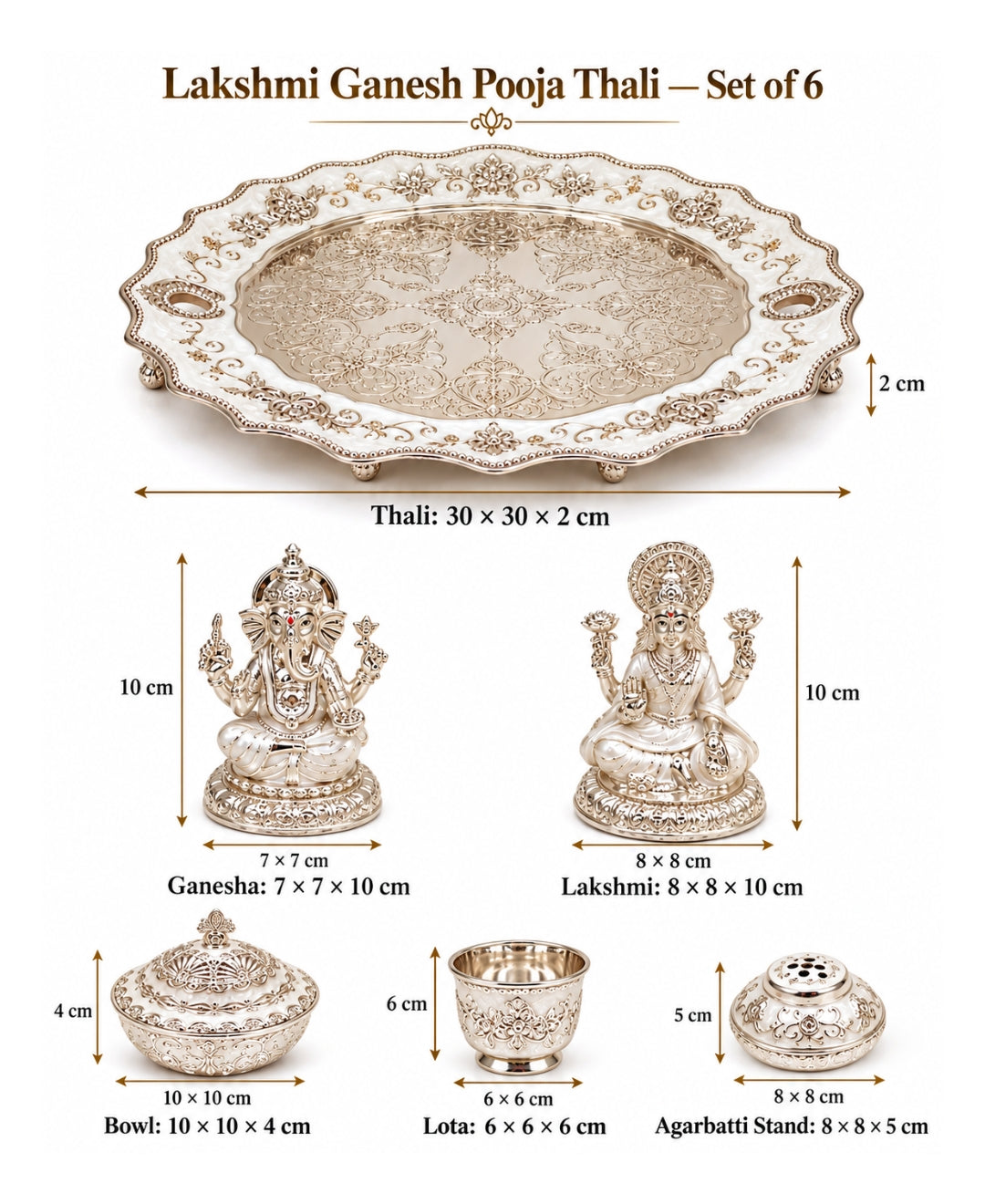 German Silver Lakshmi Ganesh Pooja Thali (Set of 6) – Pearl White Enamel