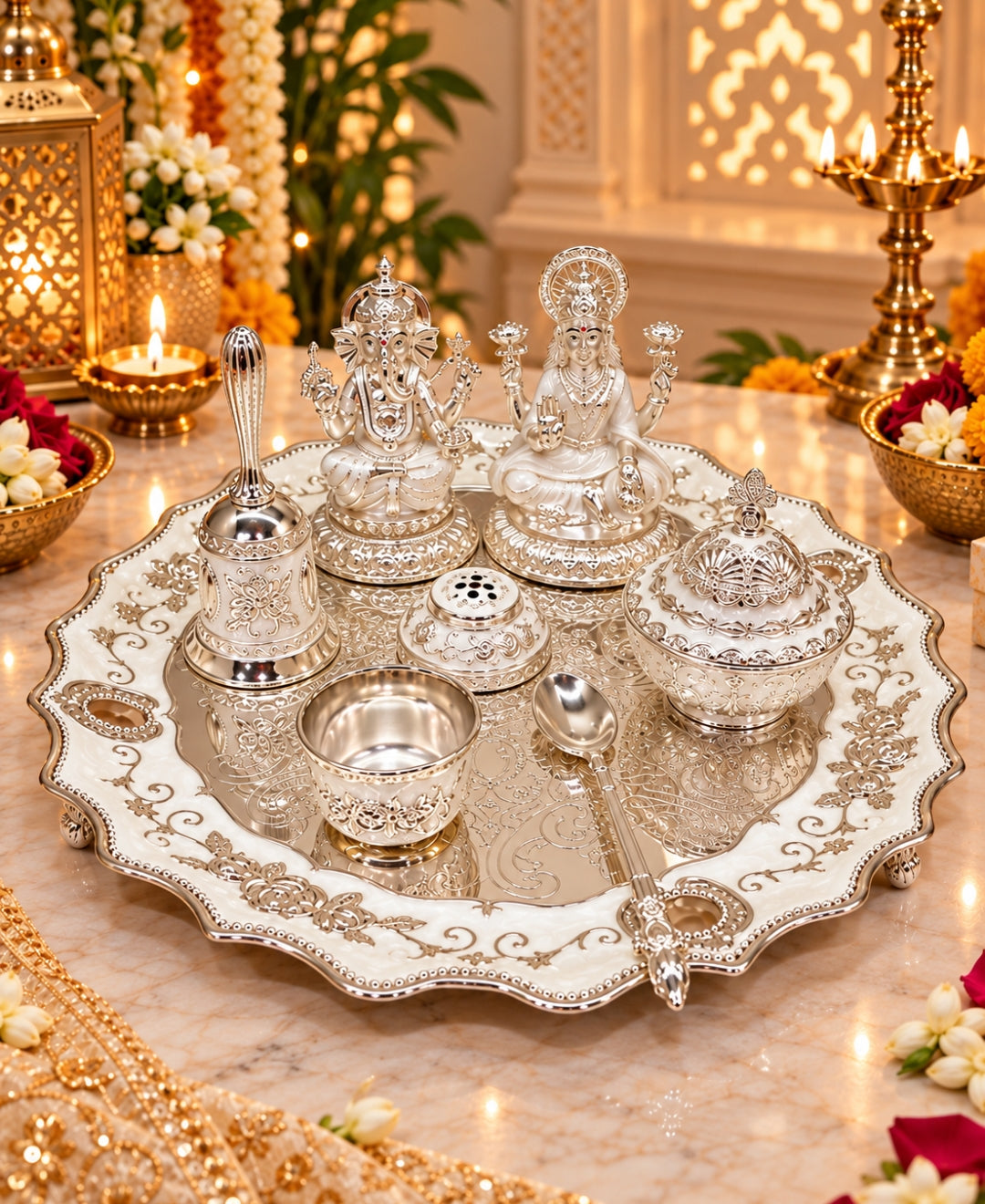 German Silver Lakshmi Ganesh Pooja Thali (Set of 6) – Pearl White Enamel
