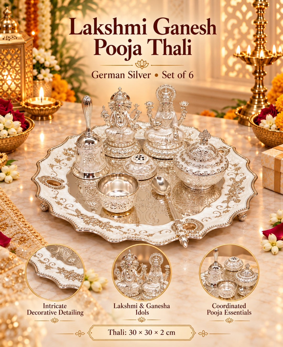 German Silver Lakshmi Ganesh Pooja Thali (Set of 6) – Pearl White Enamel