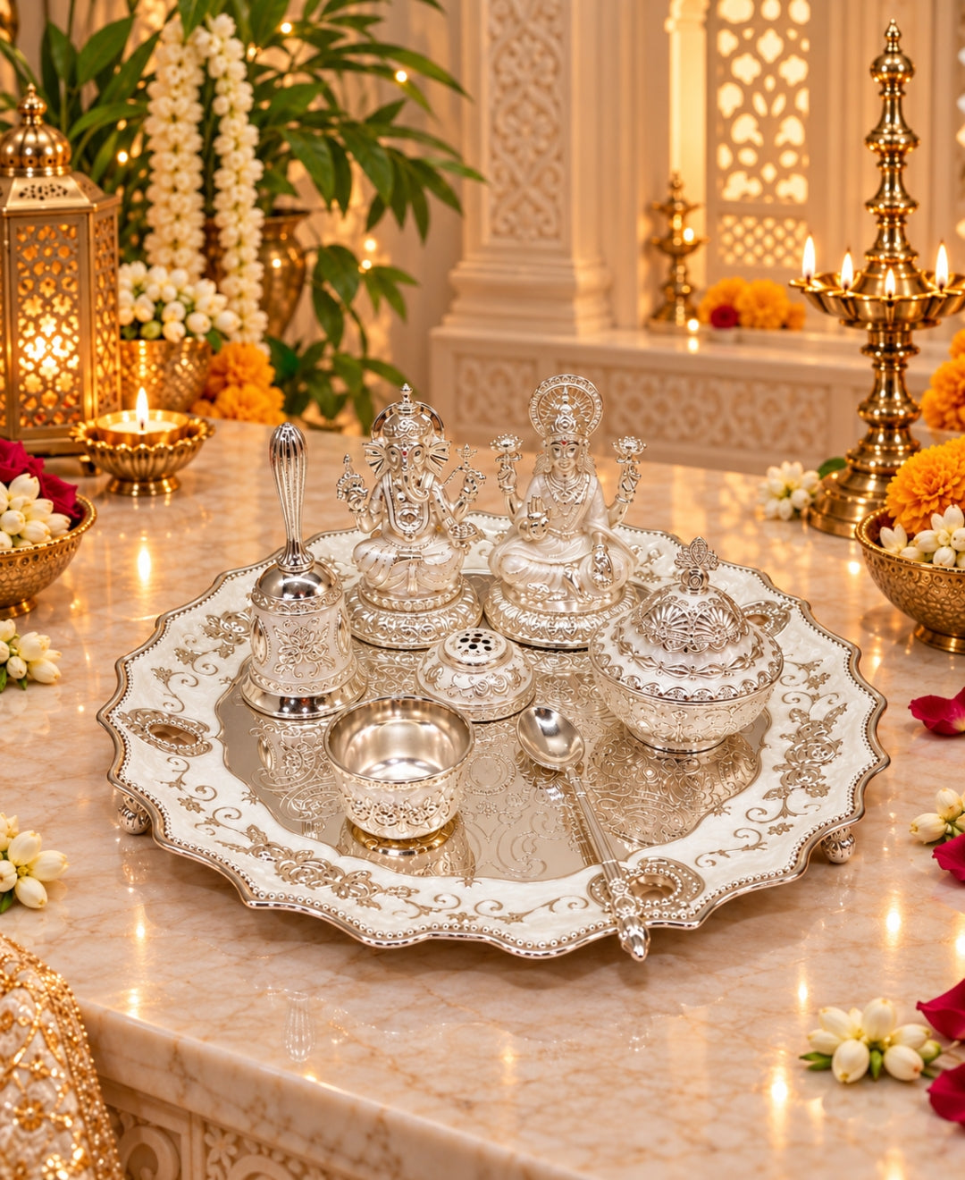 German Silver Lakshmi Ganesh Pooja Thali (Set of 6) – Pearl White Enamel