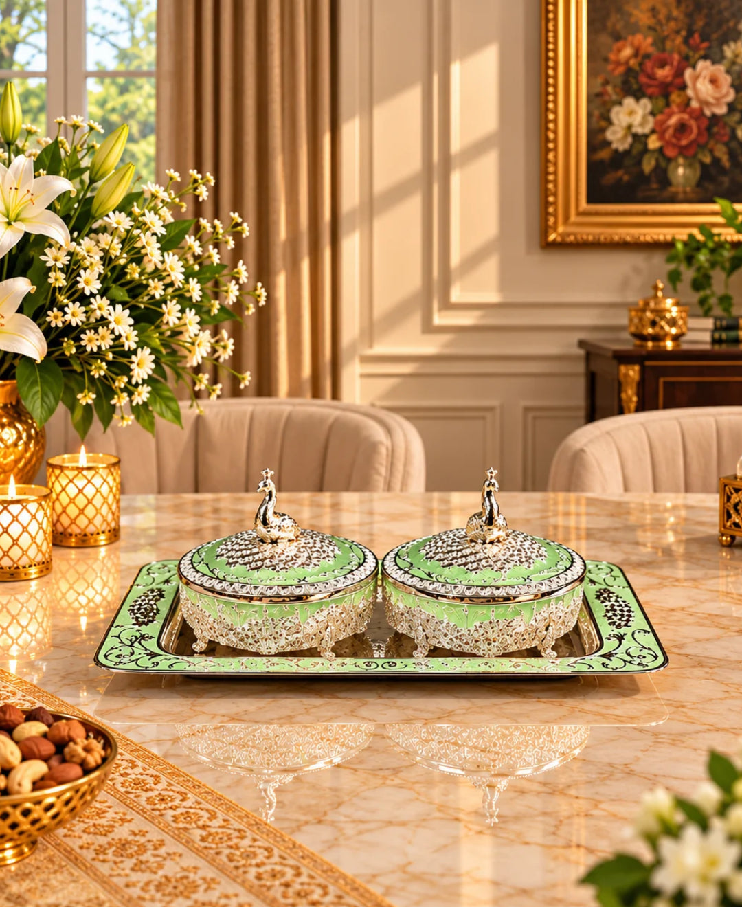 German Silver Mayur Darbar Platter (Set of 3) – Mint Green Enamel Rectangular Tray with 2 Lidded Bowls