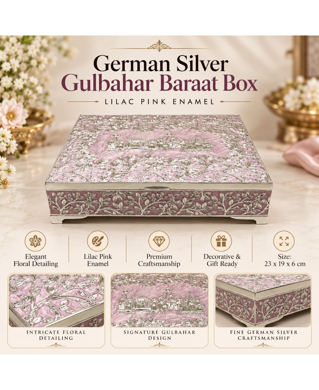 German Silver Gulbahar Baraat Box – Lilac Pink Enamel