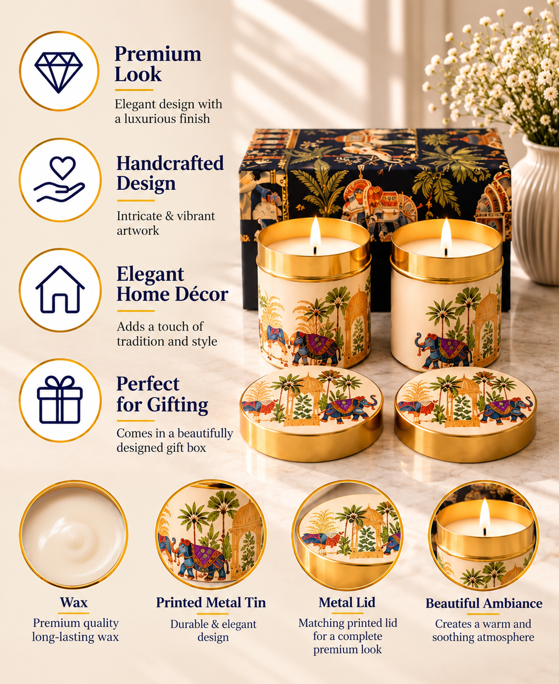 Royal Maharaja Trail Lidded Tin Premium Gift Candle - Set of 2