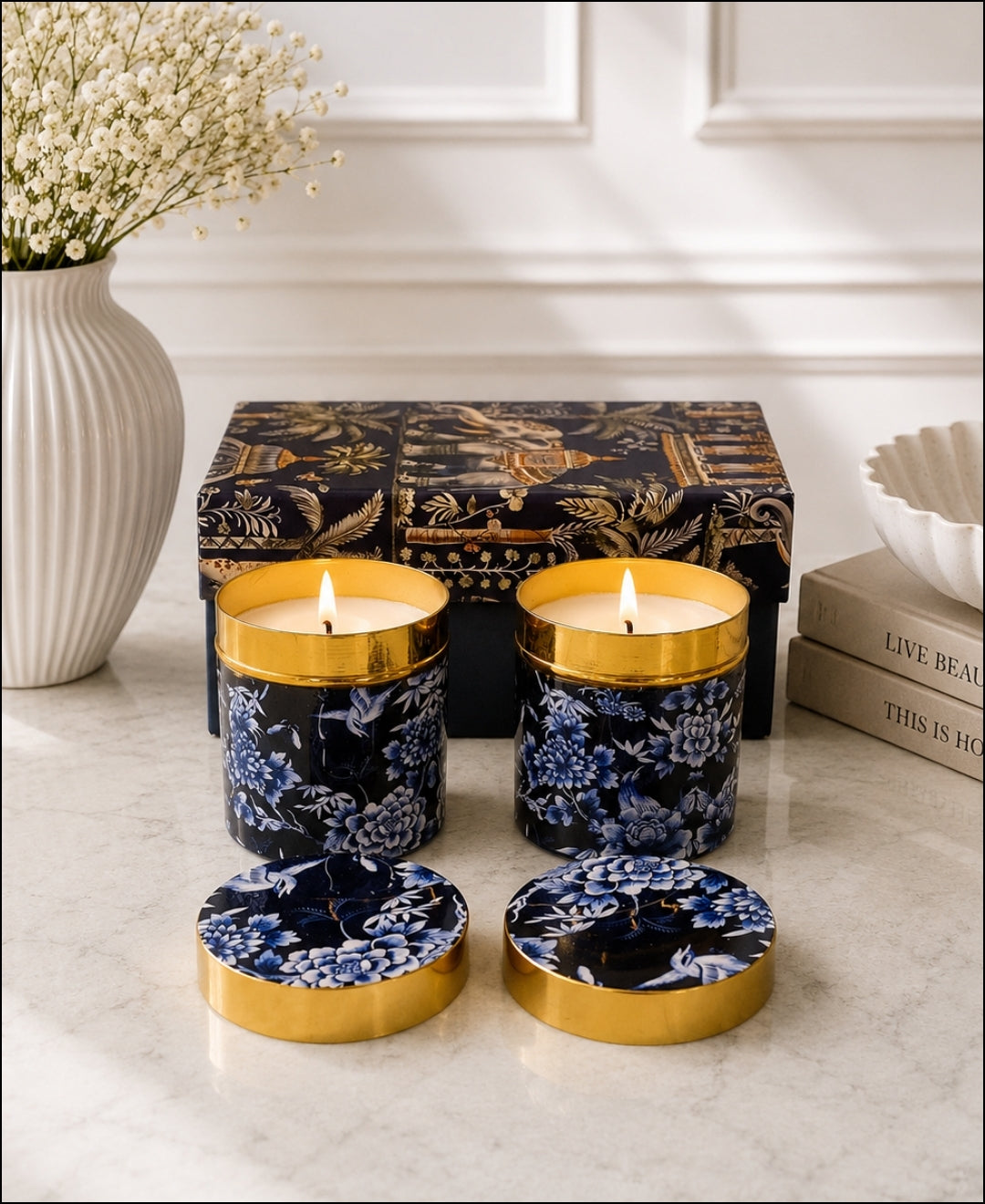 Imperial Midnight Blossom Lidded Tin Premium Gift Candle – Set of 2