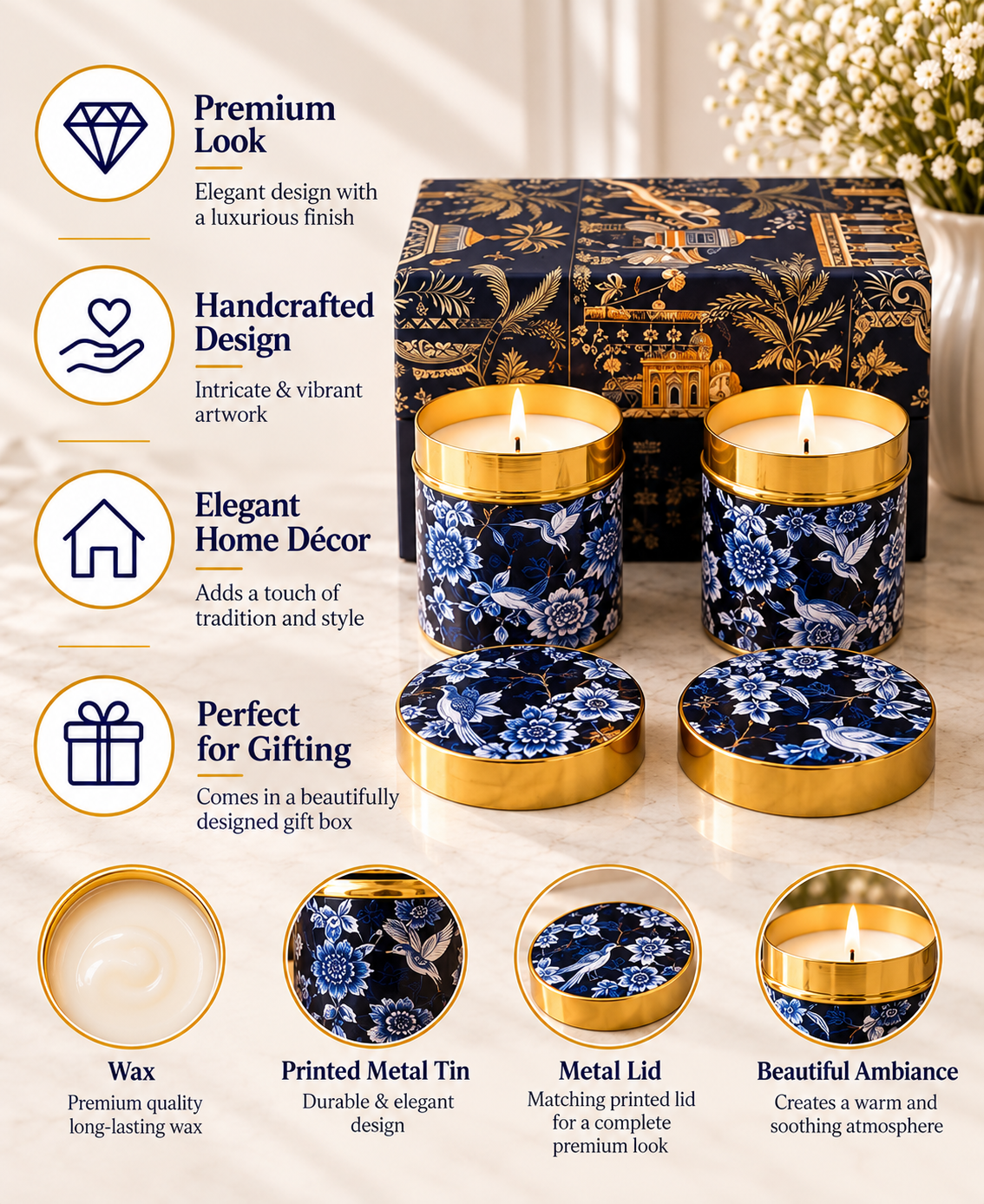 Imperial Midnight Blossom Lidded Tin Premium Gift Candle – Set of 2