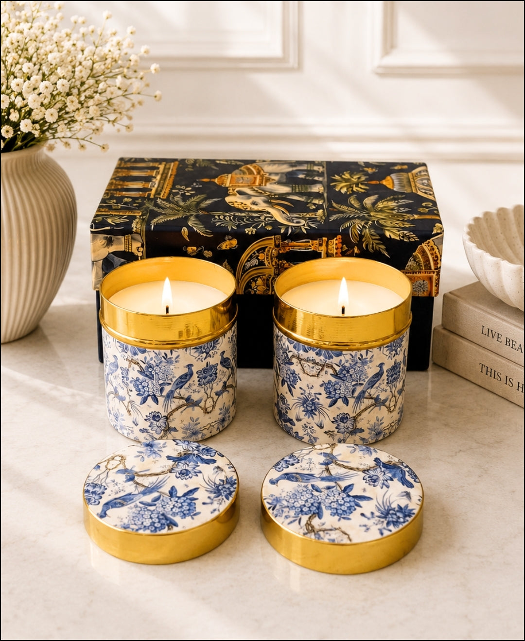 Royal Blue Aviary Lidded Tin Premium Gift Candle – Set of 2