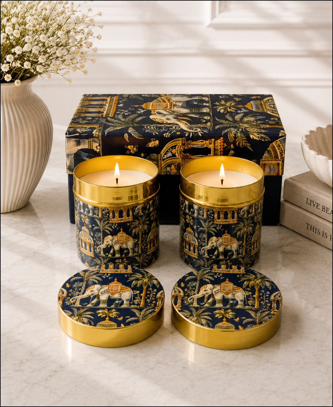 Regal Elephant Darbar Lidded Tin Premium Gift Candle – Set of 2