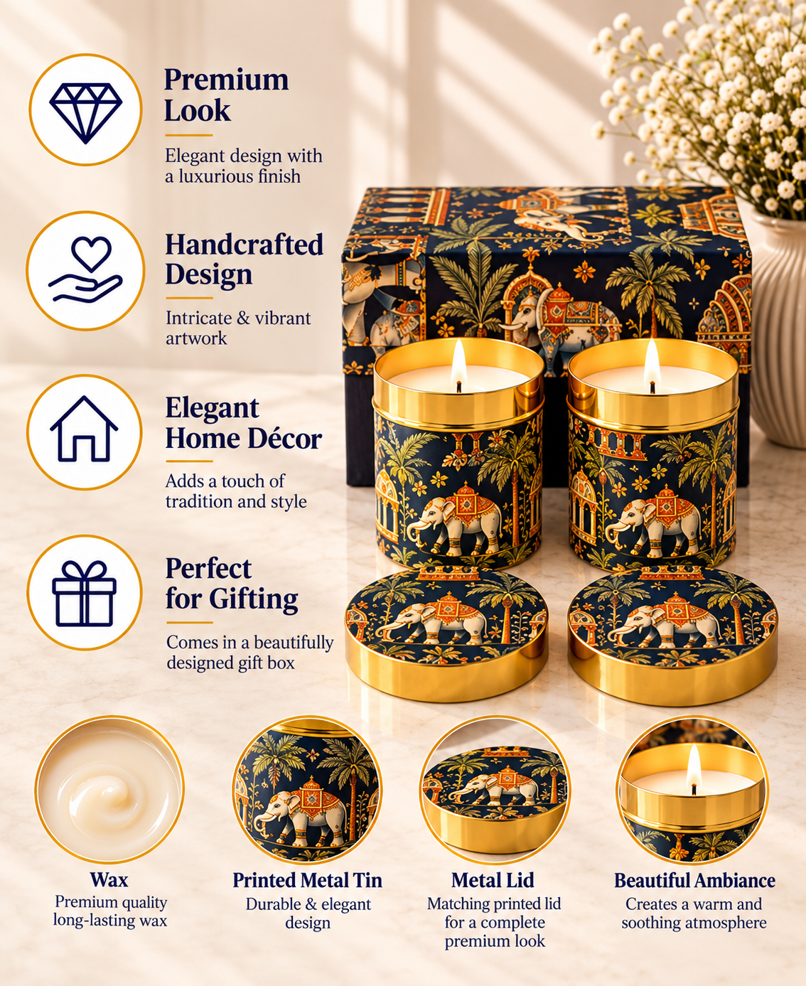 Regal Elephant Darbar Lidded Tin Premium Gift Candle – Set of 2
