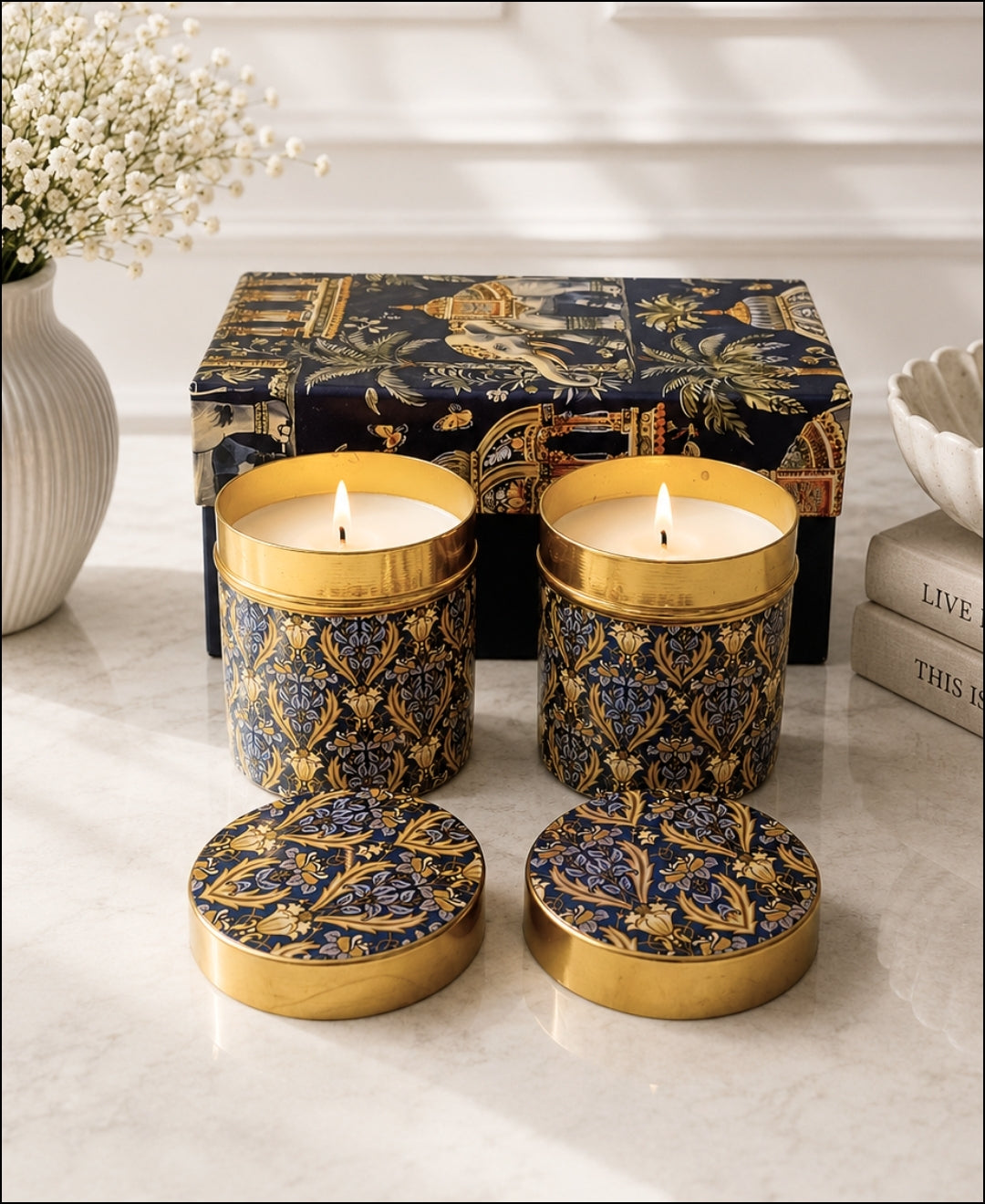 Heritage Golden Lattice Lidded Tin Premium Gift Candle – Set of 2