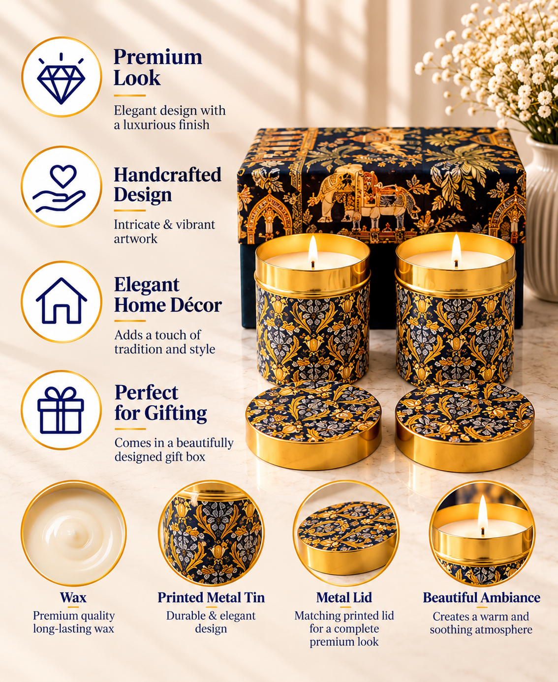 Heritage Golden Lattice Lidded Tin Premium Gift Candle – Set of 2