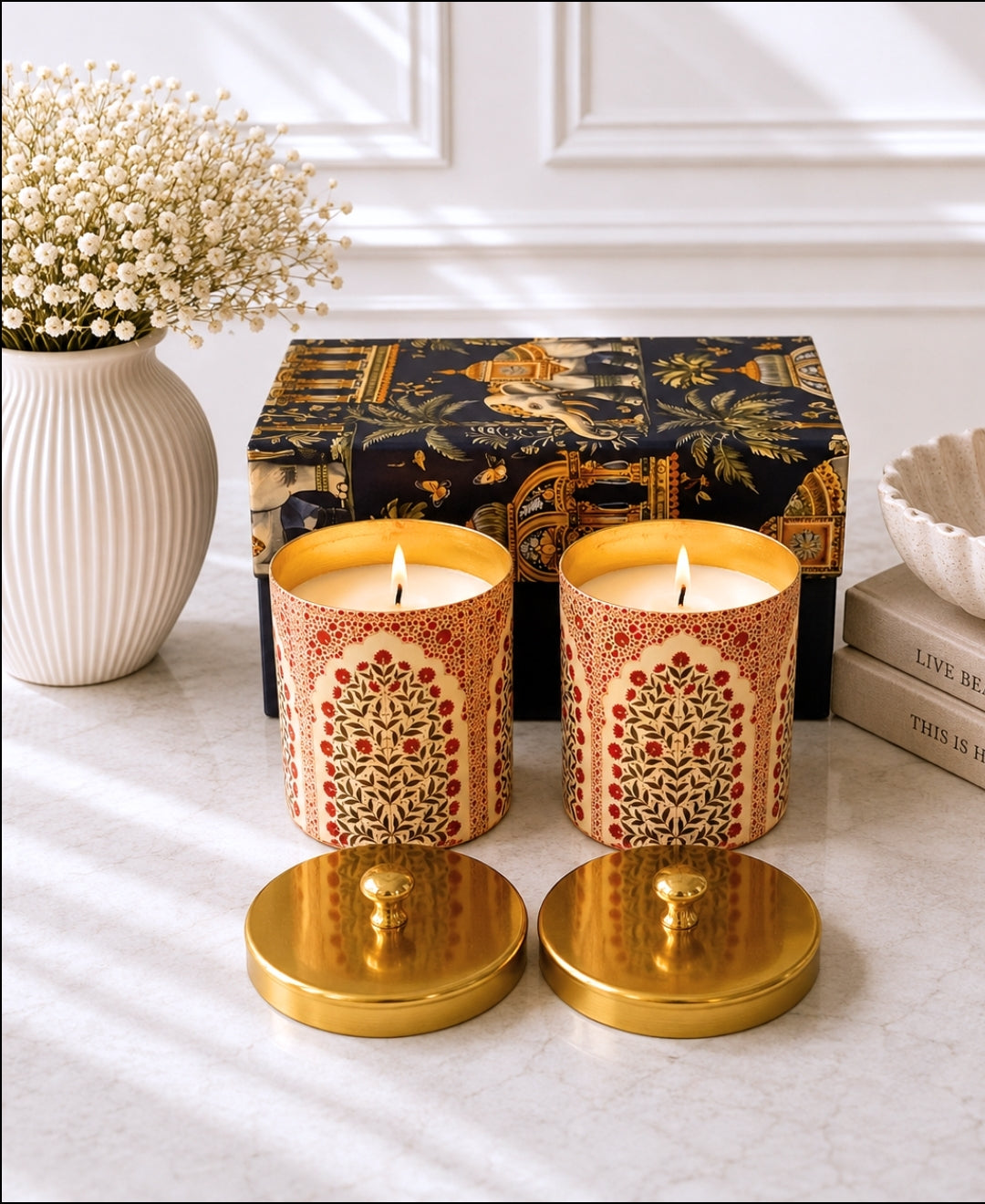 Imperial Mughal Arch Gold Knob Lid Premium Gift Candle – Set of 2