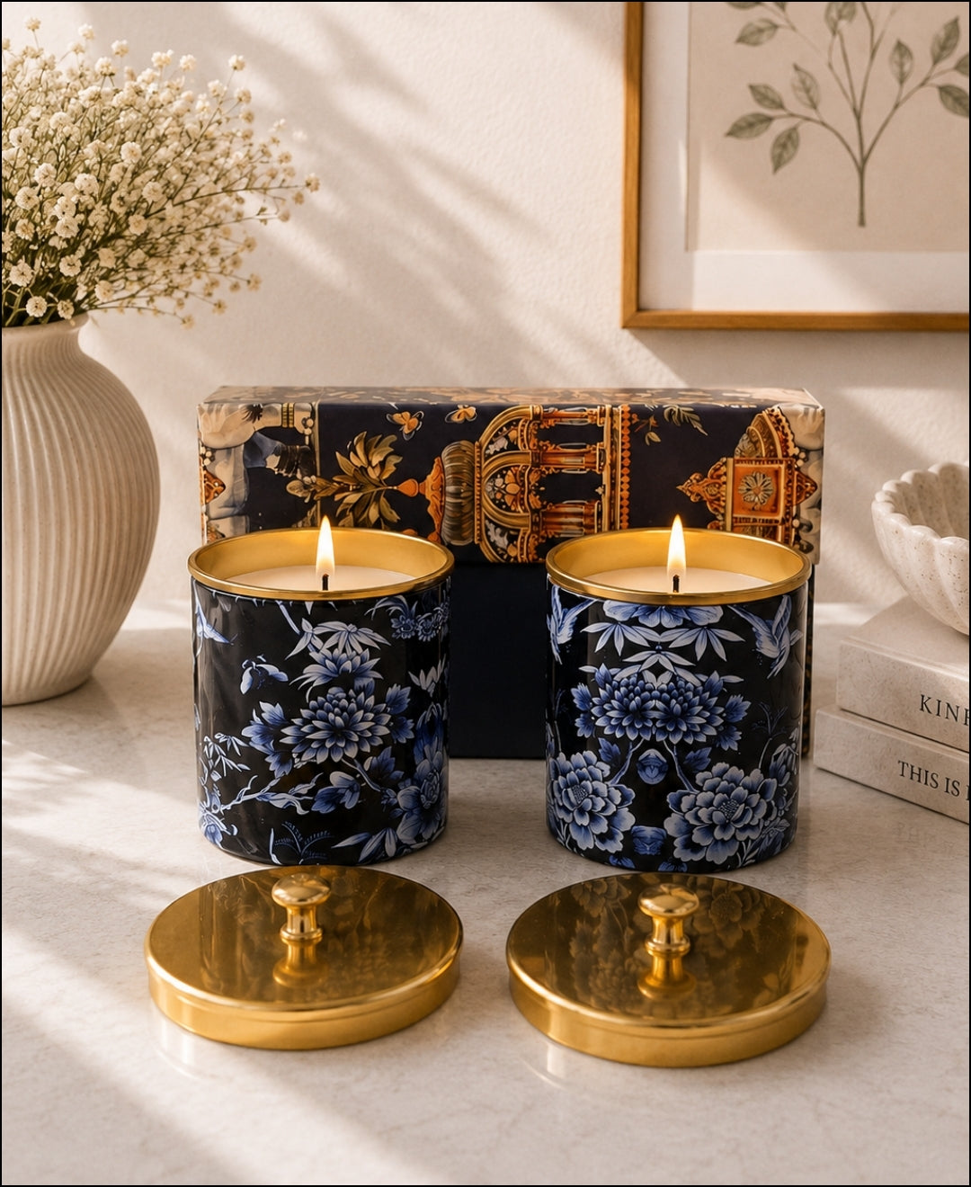 Imperial Midnight Blossom Gold Knob Lid Premium Gift Candle – Set of 2